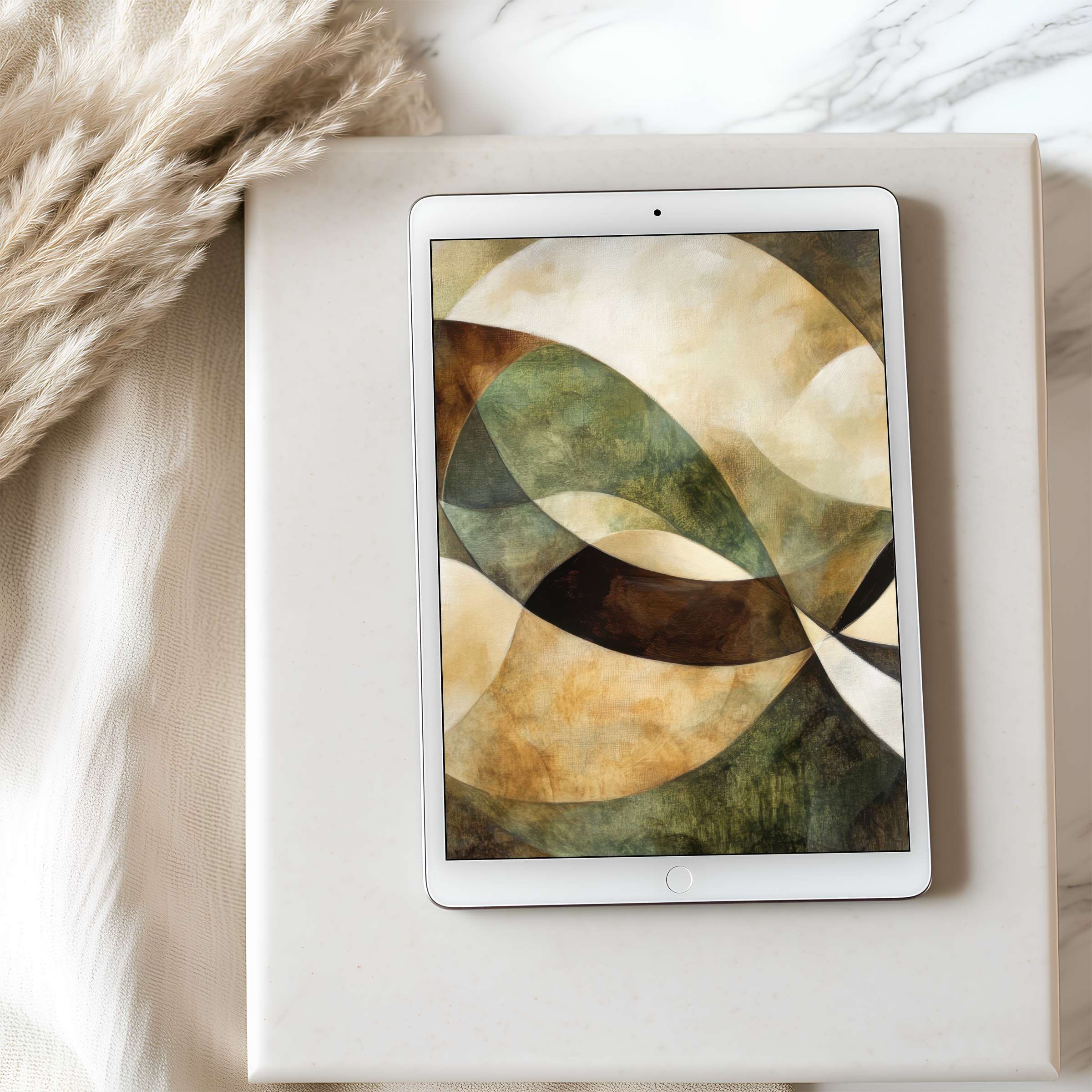 Elegant abstract tablet wallpaper featuring earthy tones and curved patterns, perfect for iPad downloads, enhancing calm interiors