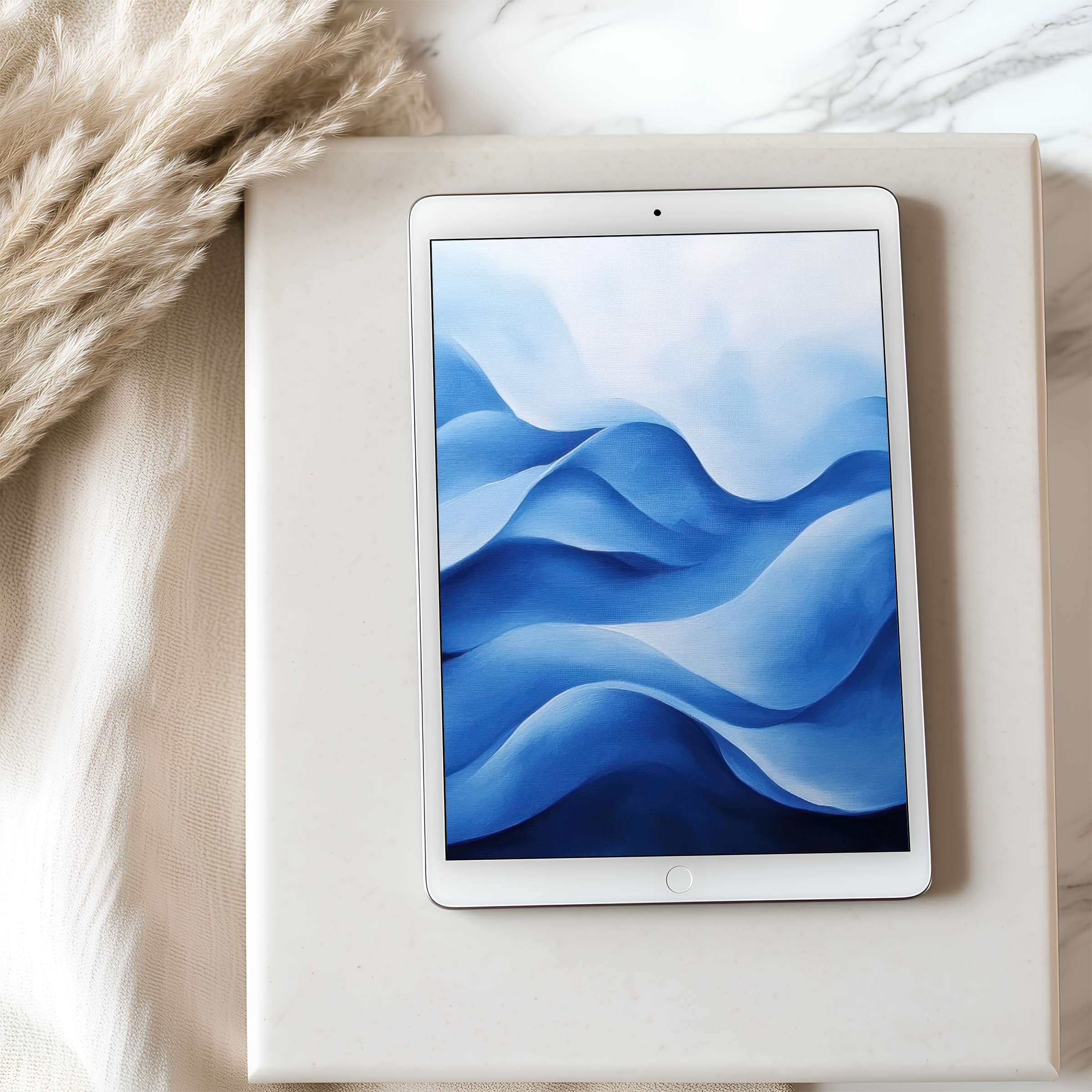 Elegant blue abstract waves tablet wallpaper offering calming design for iPad and Android tablets digital download high resolution