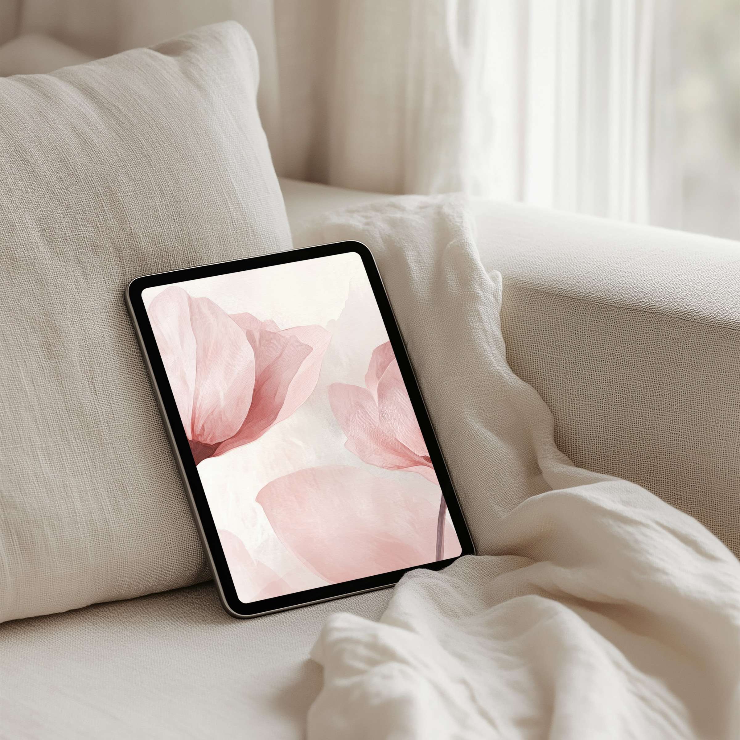 Soft pink petals on tablet create tranquil iPad background, offering elegance and calm as instant download for any tablet user