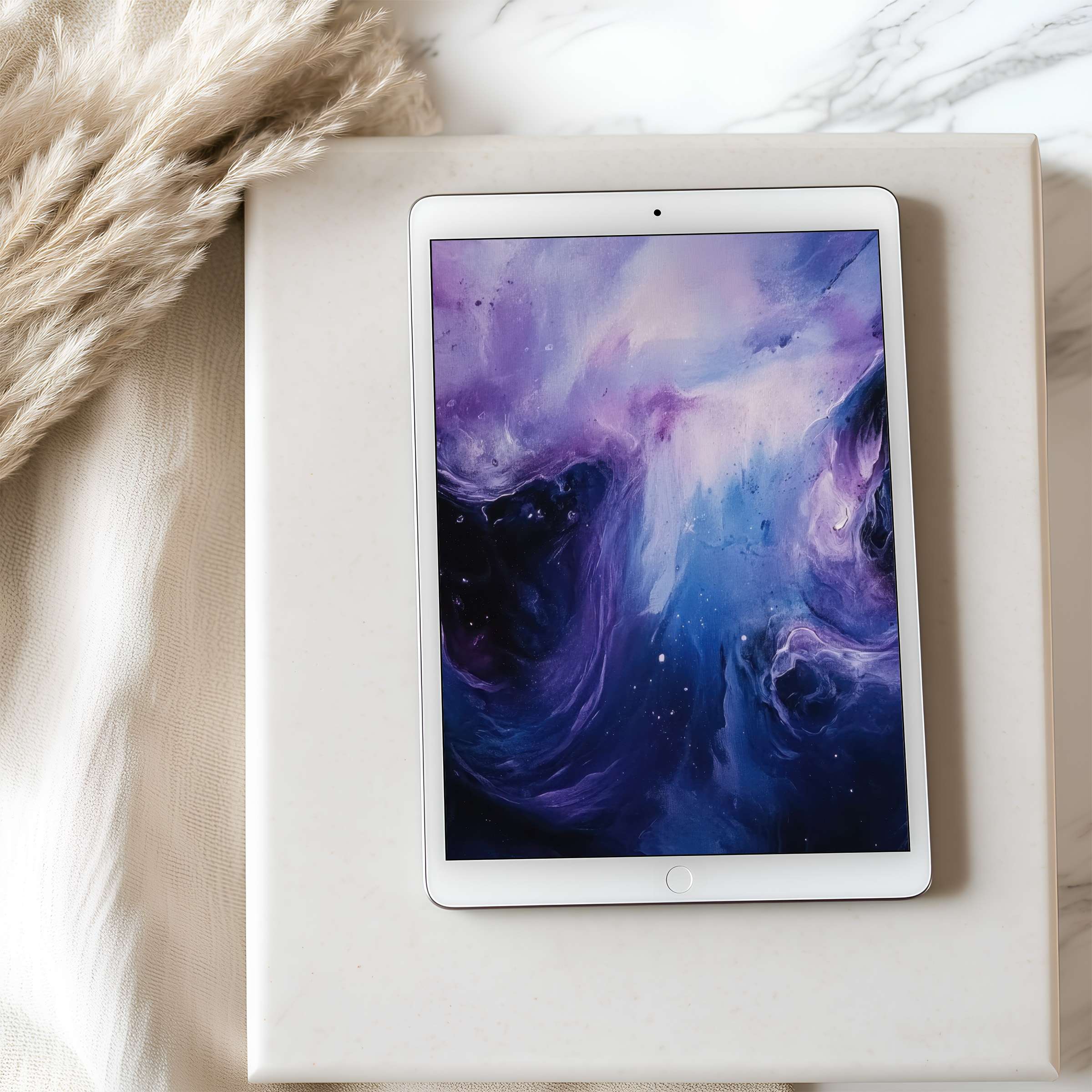 Elegant tablet wallpaper featuring a high resolution, calming galaxy design in purples and blues, perfect for iPad and Android tablets