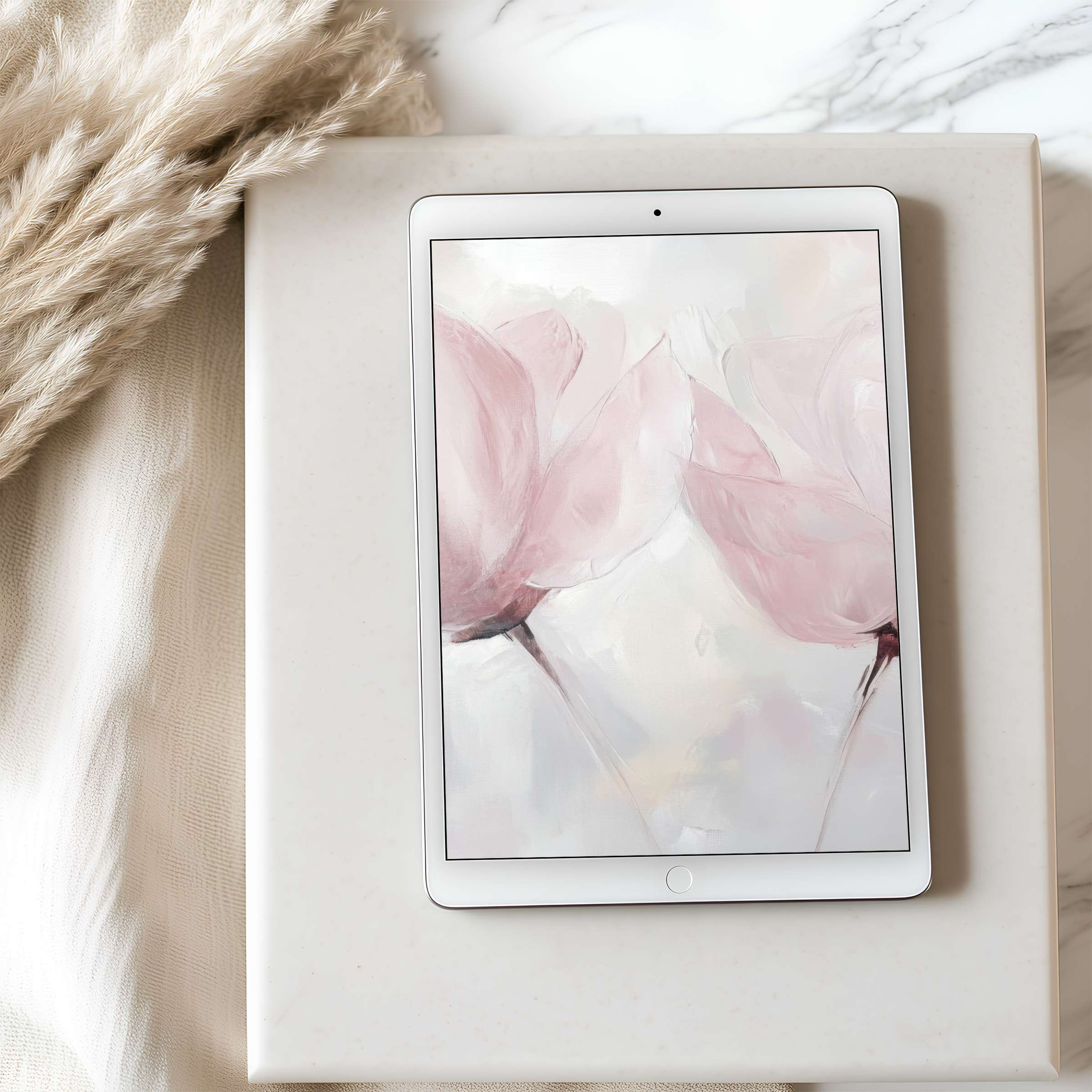 Elegant pink floral painting on tablet wallpaper offering serene, high-resolution design perfection for iPad and Android downloads
