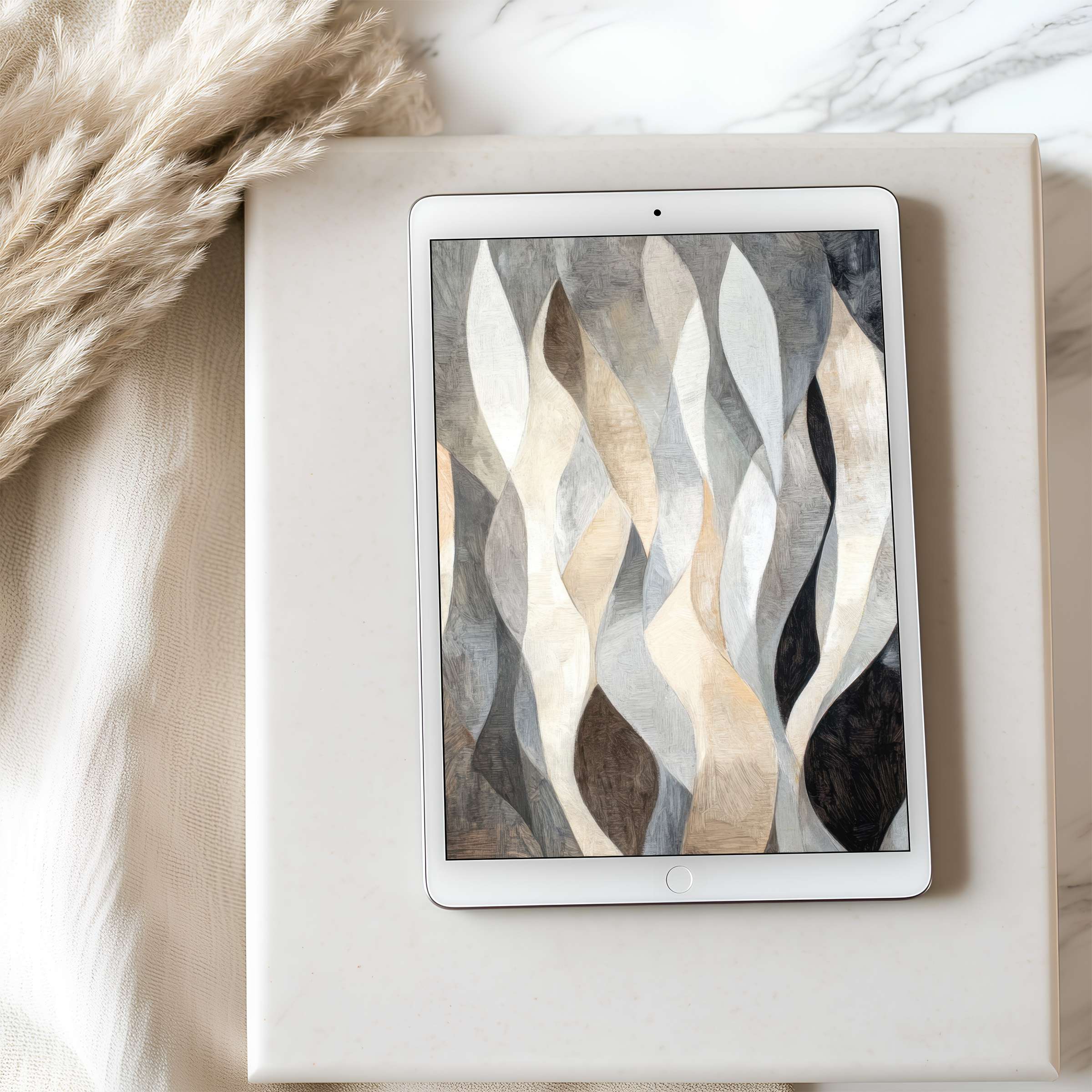 Elegant abstract tablet wallpaper featuring soft, earthy tones in a flowing pattern, perfect for iPad high resolution digital download