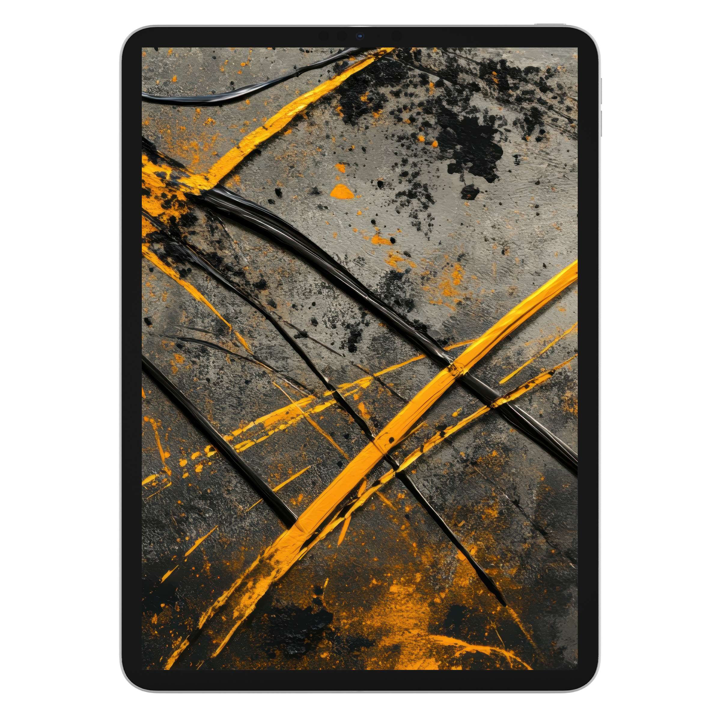 Modern iPad wallpaper with vibrant orange and black abstract strokes on a textured gray background, perfect digital download for stylish tablets