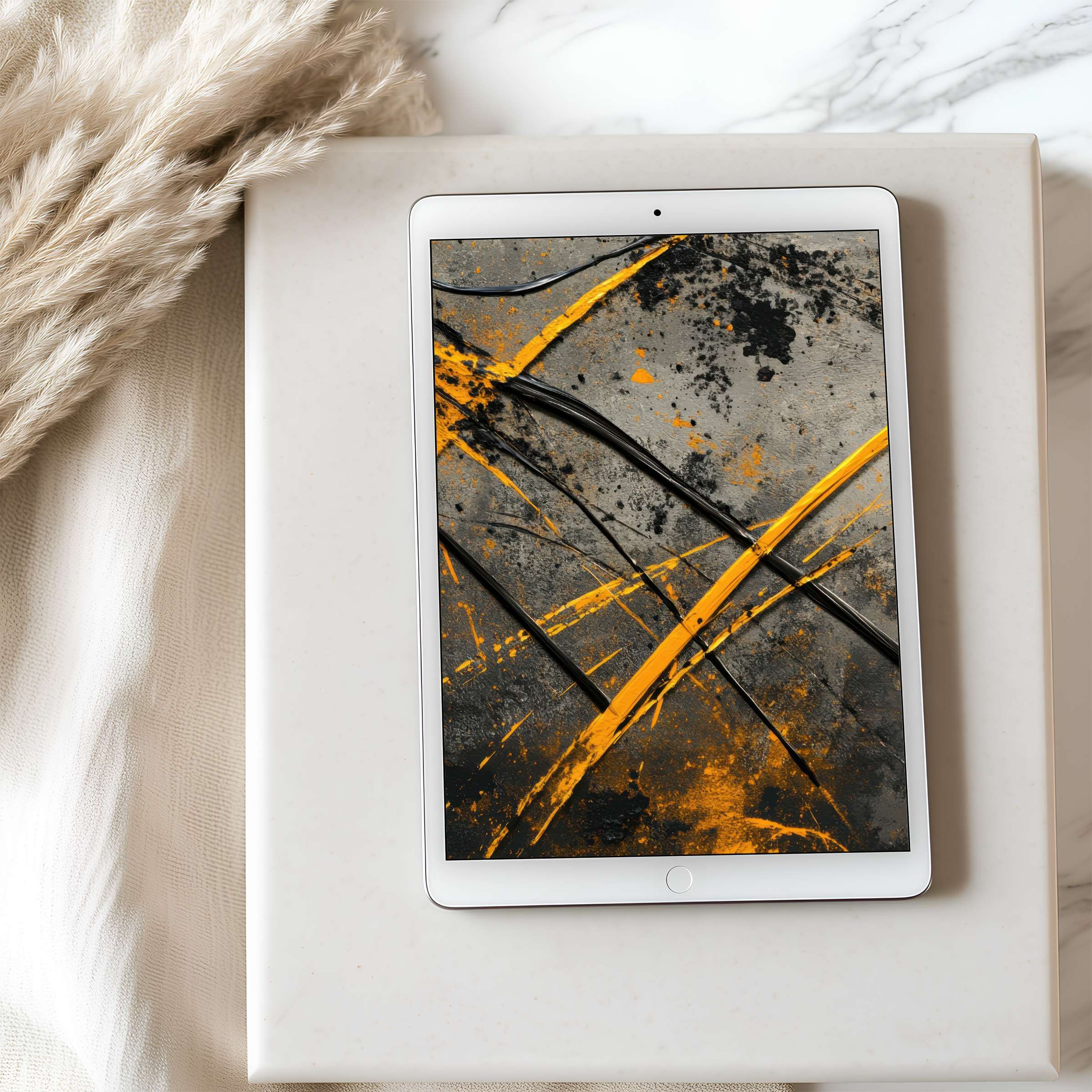 Sophisticated abstract tablet wallpaper featuring bold yellow strokes on a textured gray canvas, ideal for enhancing iPad displays