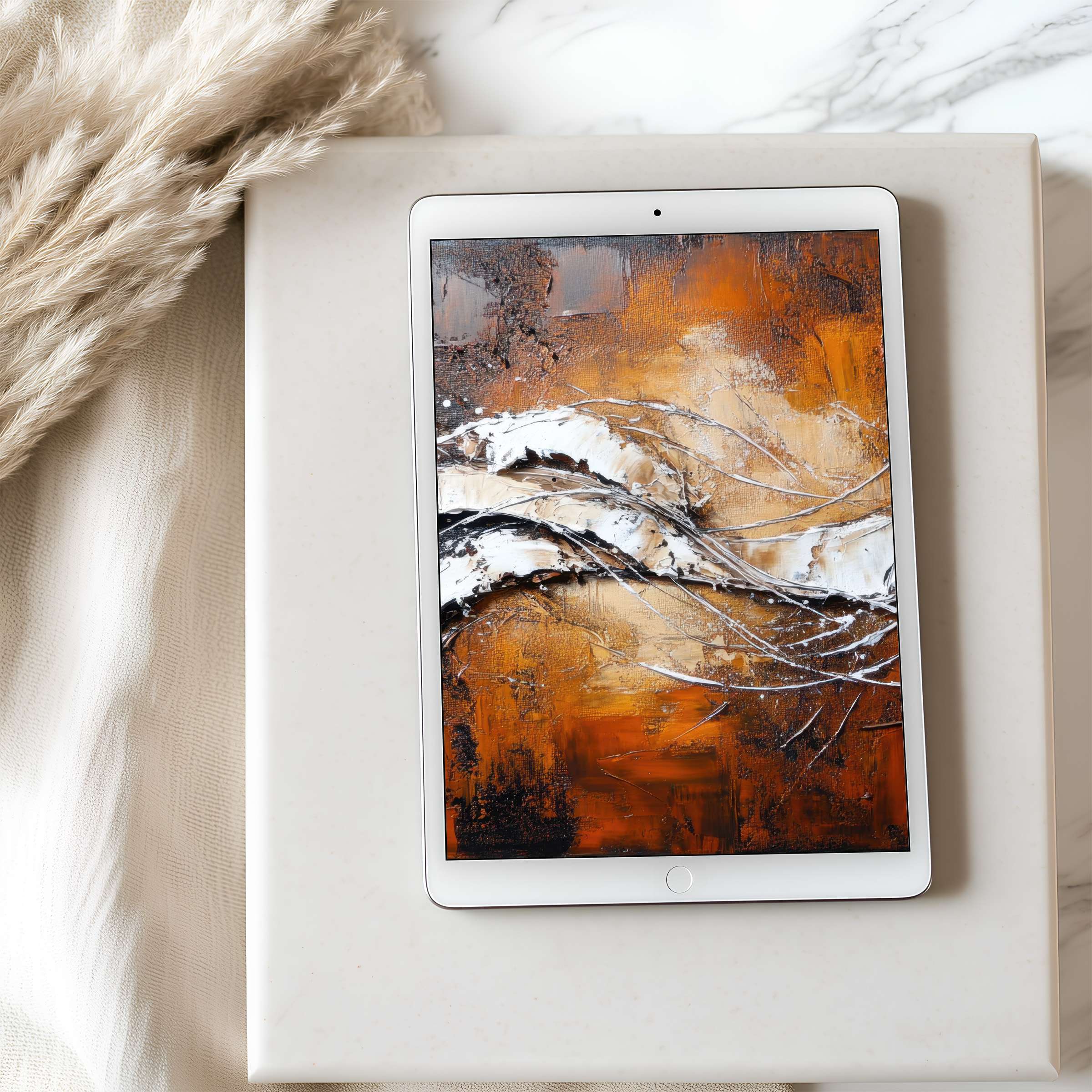 Elegant abstract art in warm earthy tones enhances your tablet wallpaper giving your iPad a curated, calming ambiance for sustainable living