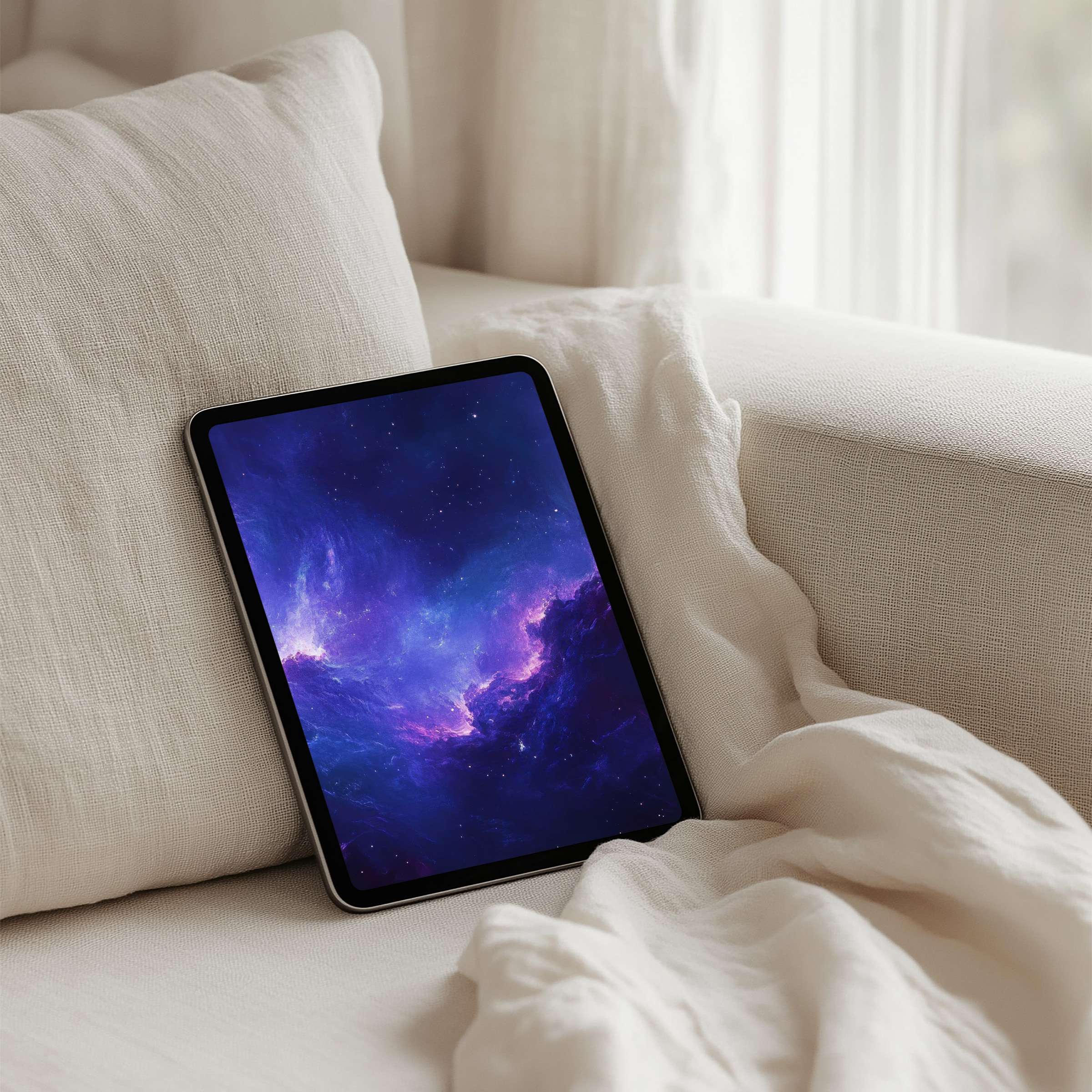 Elegant swirling galaxy iPad background offering instant download for mindfulness and inspiration on any tablet in serene interiors