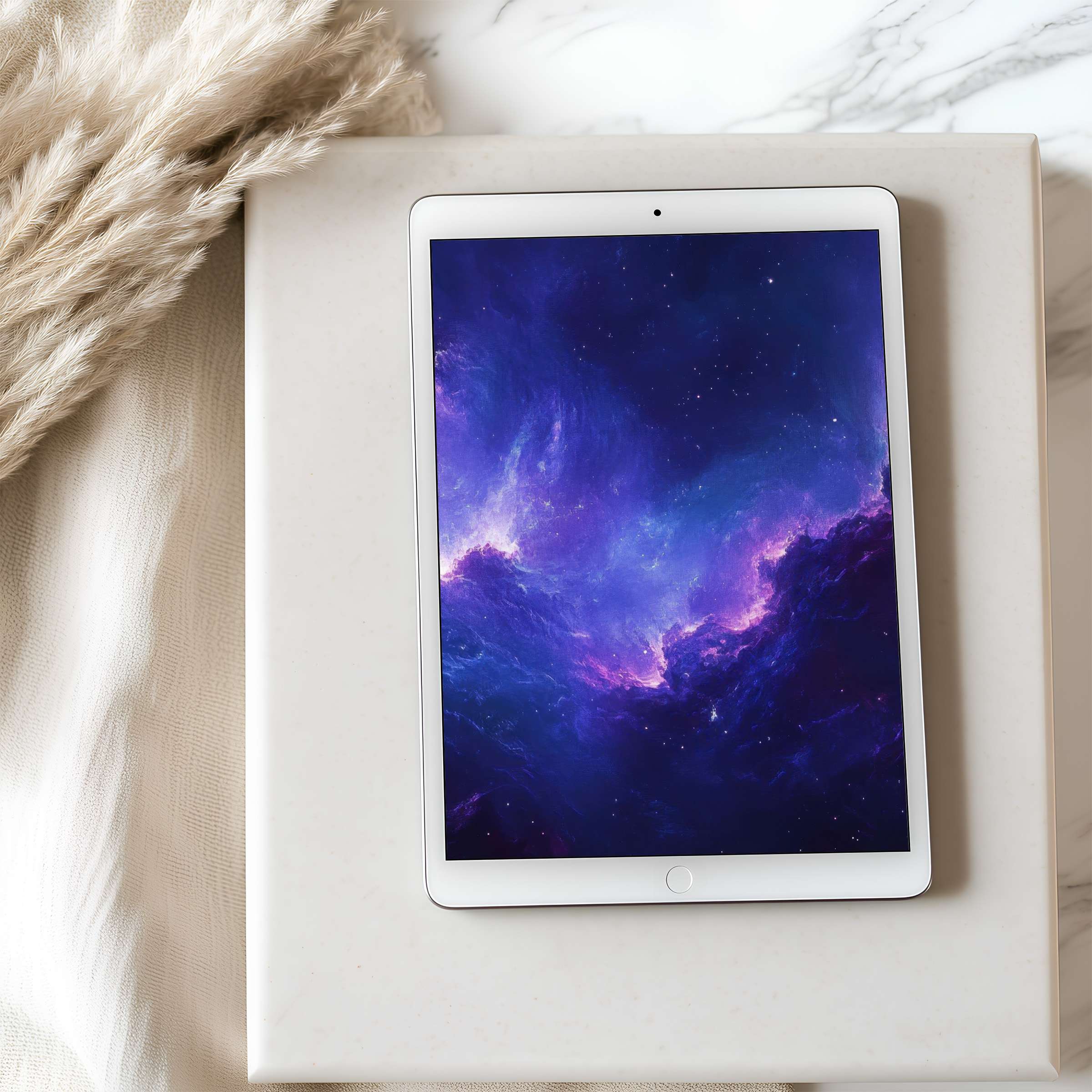 Elegant tablet wallpaper featuring a high-resolution cosmic nebula in purples, ideal for digital download on iPad and Android devices