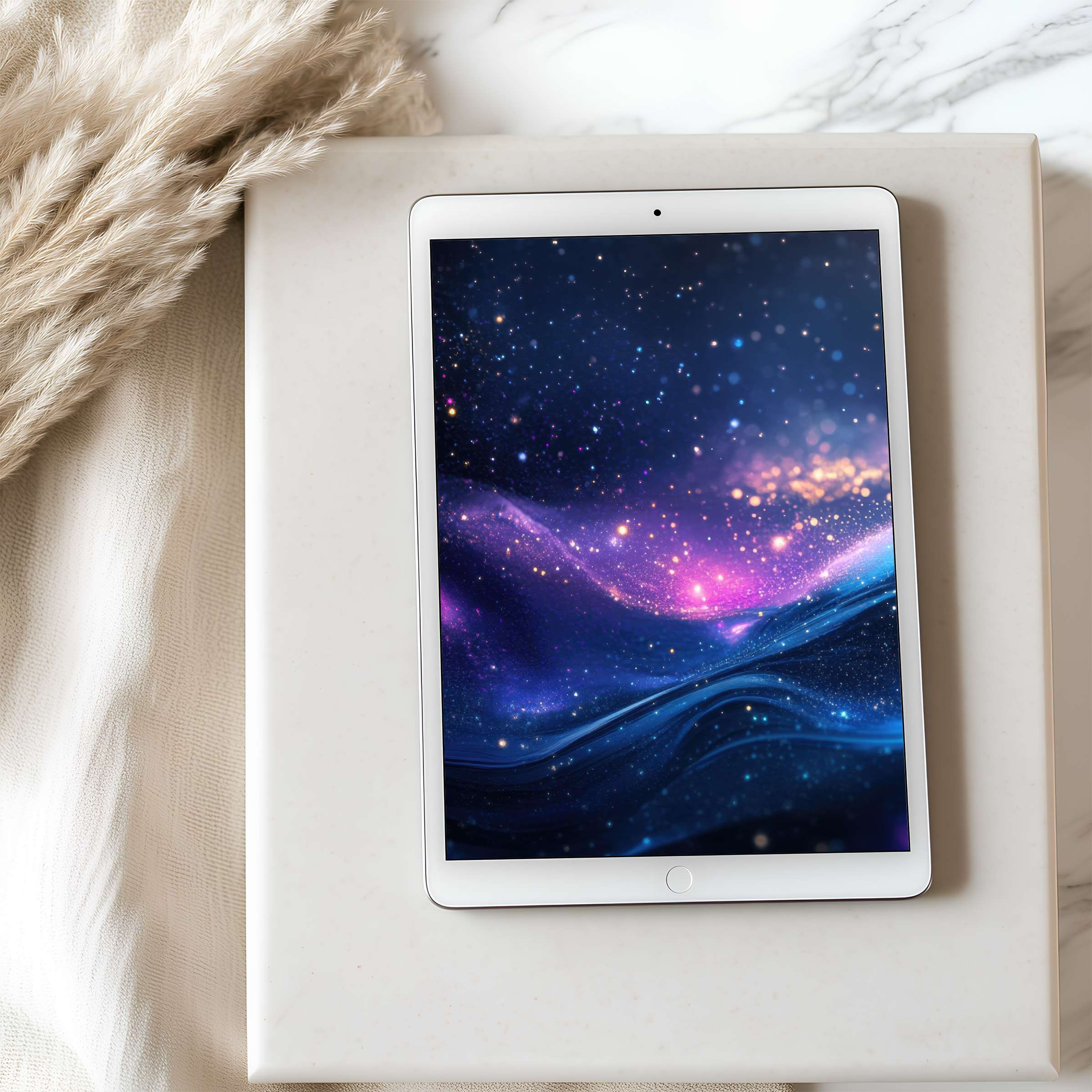Elegant tablet wallpaper featuring high-resolution galaxy waves in soothing blues and purples for iPad and Android, digital download