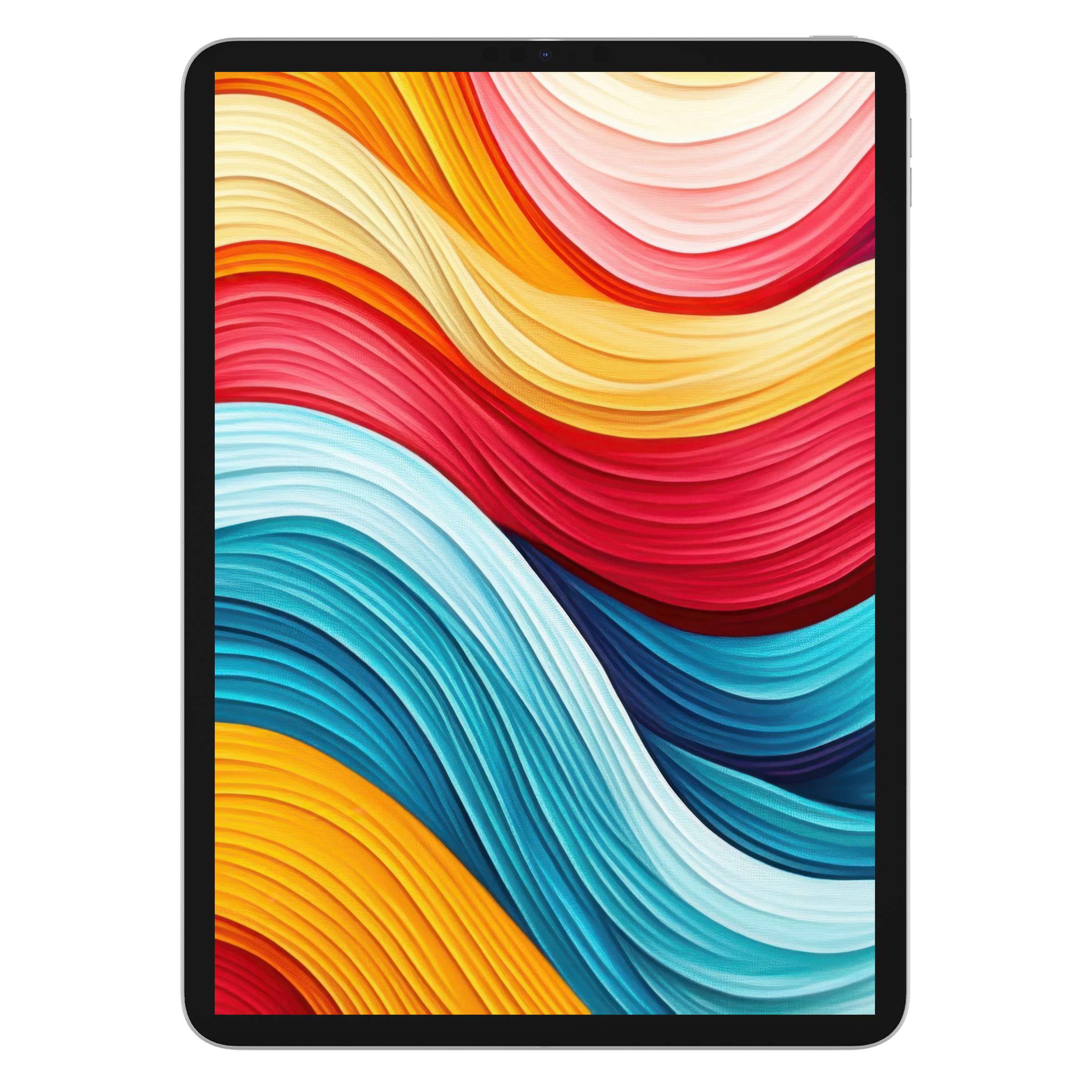 Vibrant modern iPad wallpaper featuring vivid wave-like textures in red, blue, and yellow, perfect digital download for any tablet background
