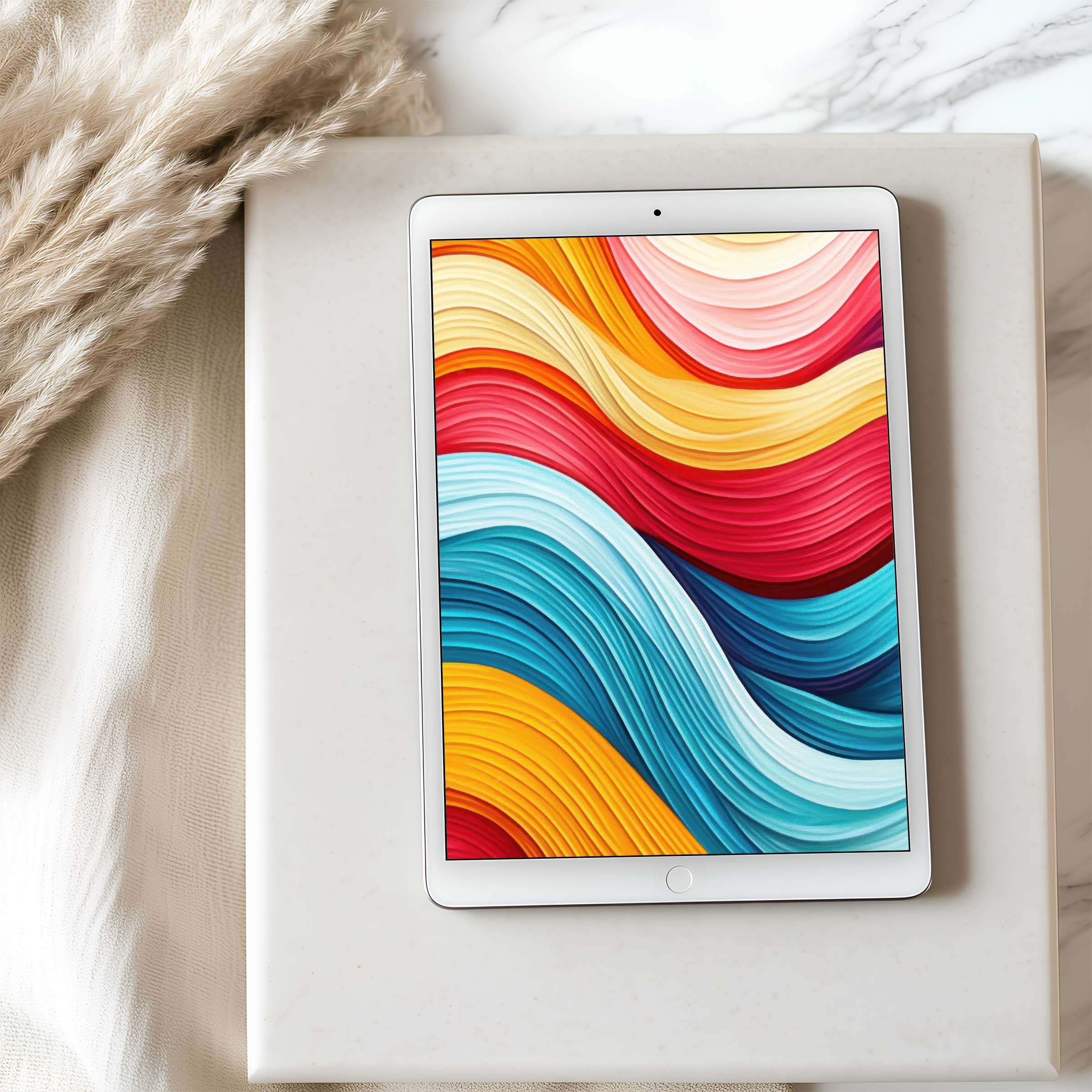 Colorful abstract waves in high resolution on a tablet wallpaper beautifully blend with a serene, minimalistic interior setting