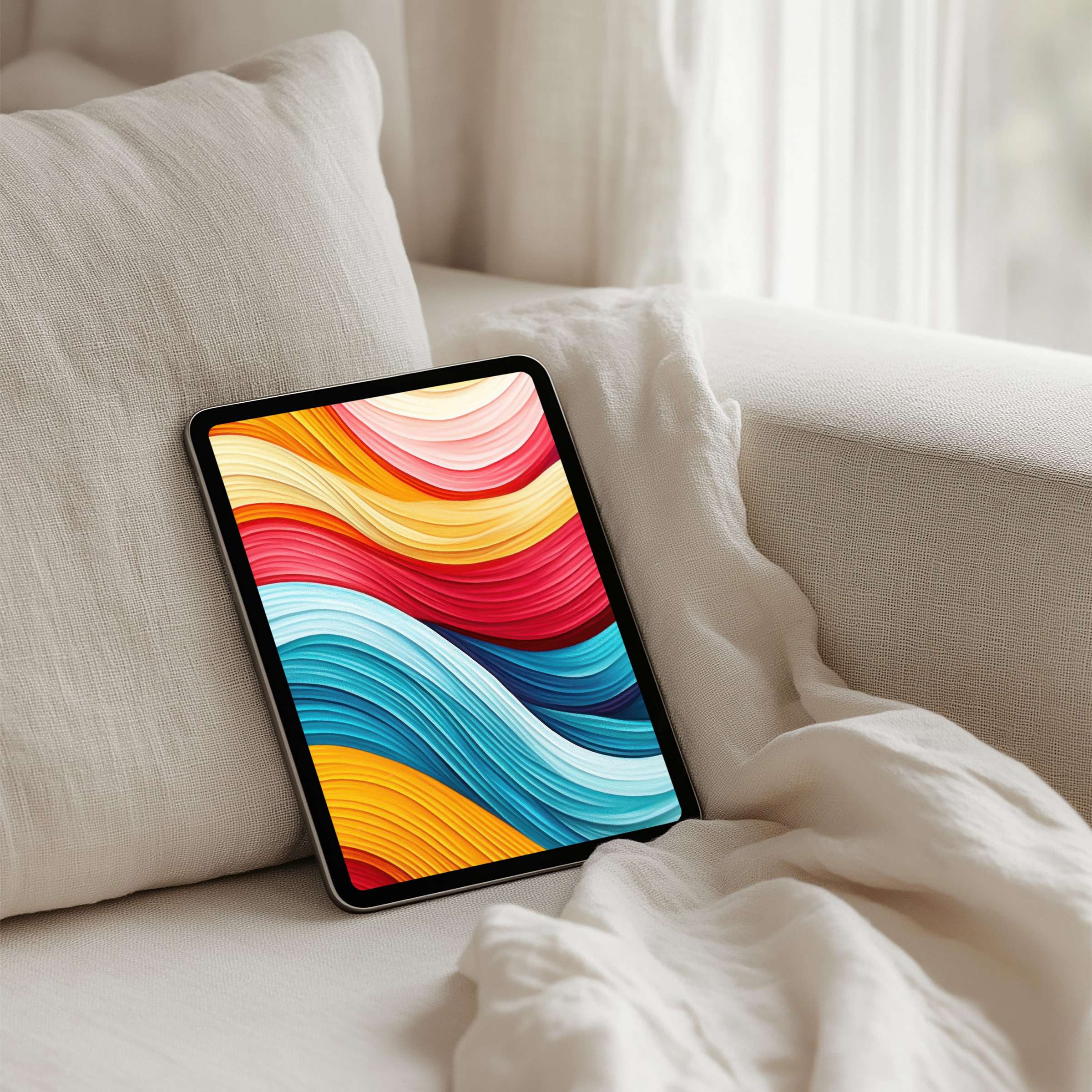 Elegant iPad background with vibrant abstract waves in soothing hues offers instant download for any tablet inspiring mindfulness