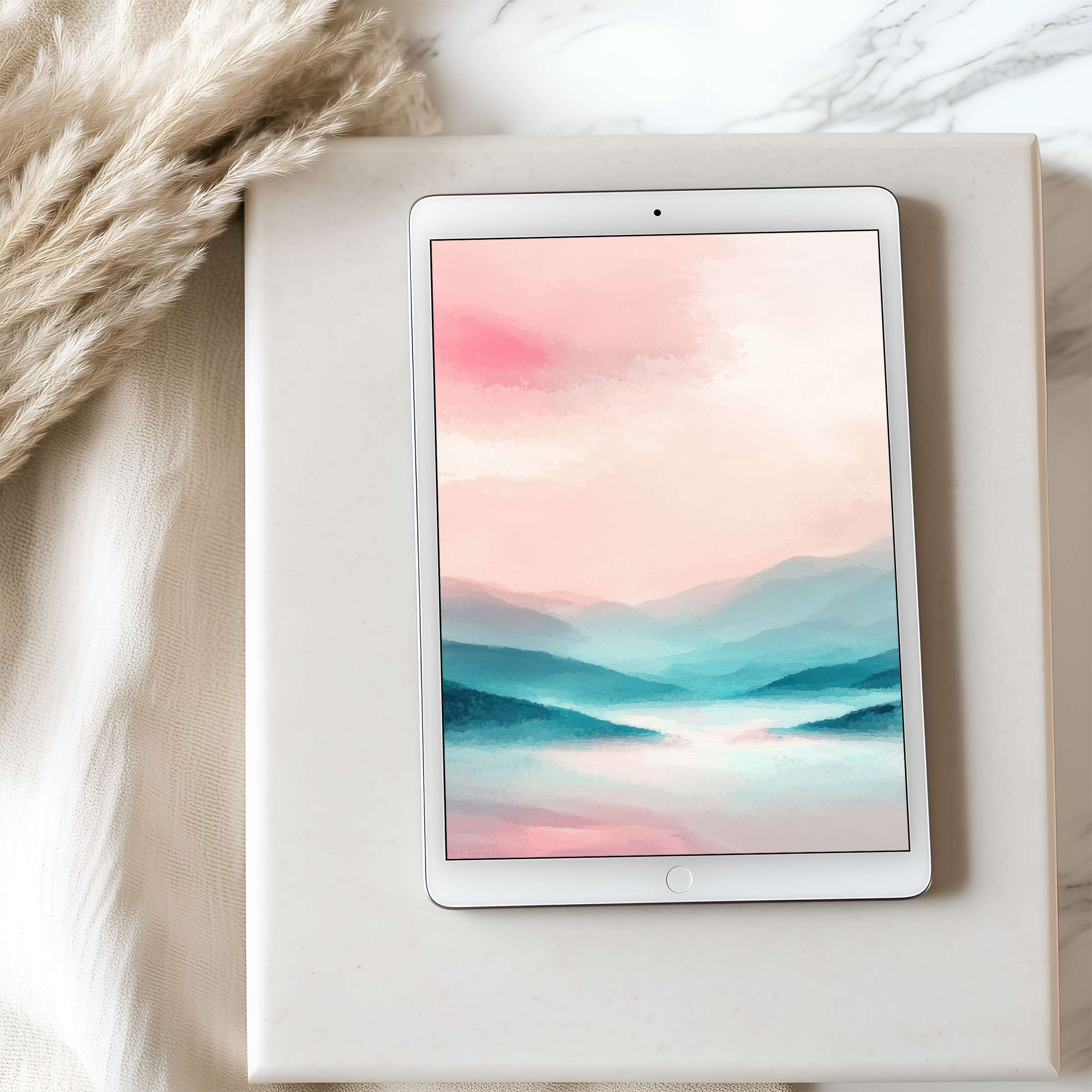 Serene pink and teal mountains tablet wallpaper offers high resolution elegance for sustainable living spaces suitable for iPad and Android