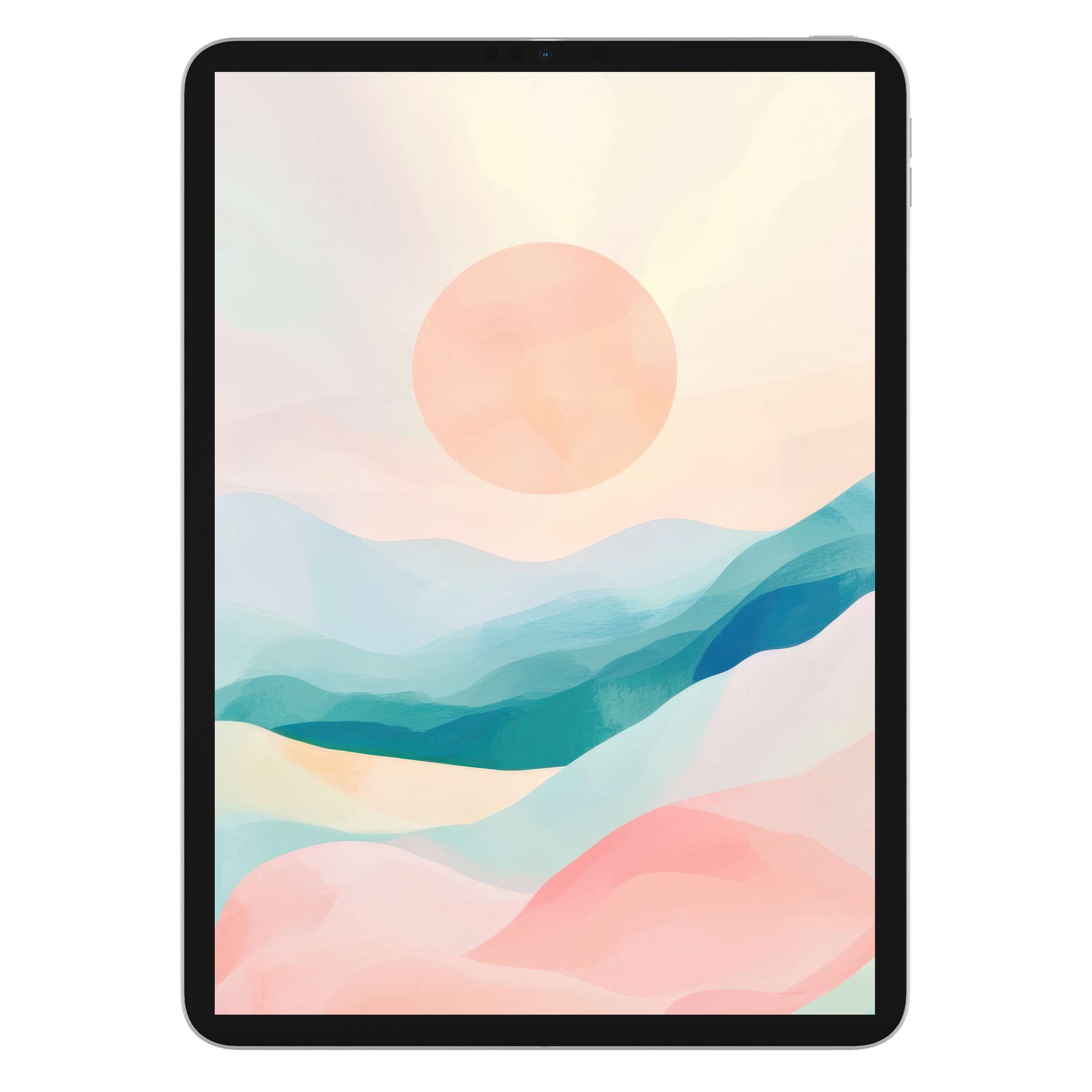 Modern iPad wallpaper featuring serene pastel waves and a warm sun, perfect digital download for tablet background ambiance and calm