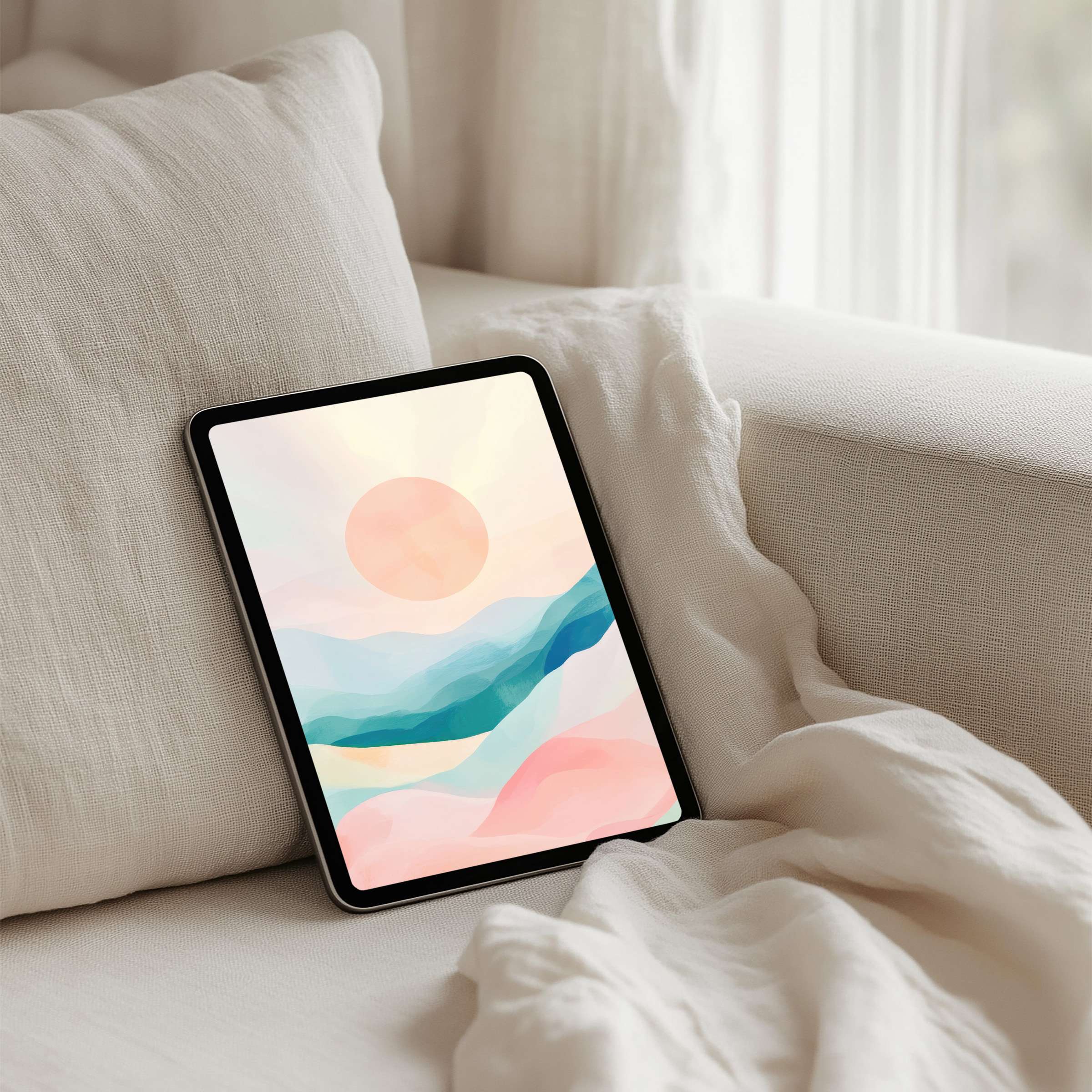Elegant pastel landscape iPad background for instant download evokes calm on tablets, inspiring mindful elegance in digital artistry
