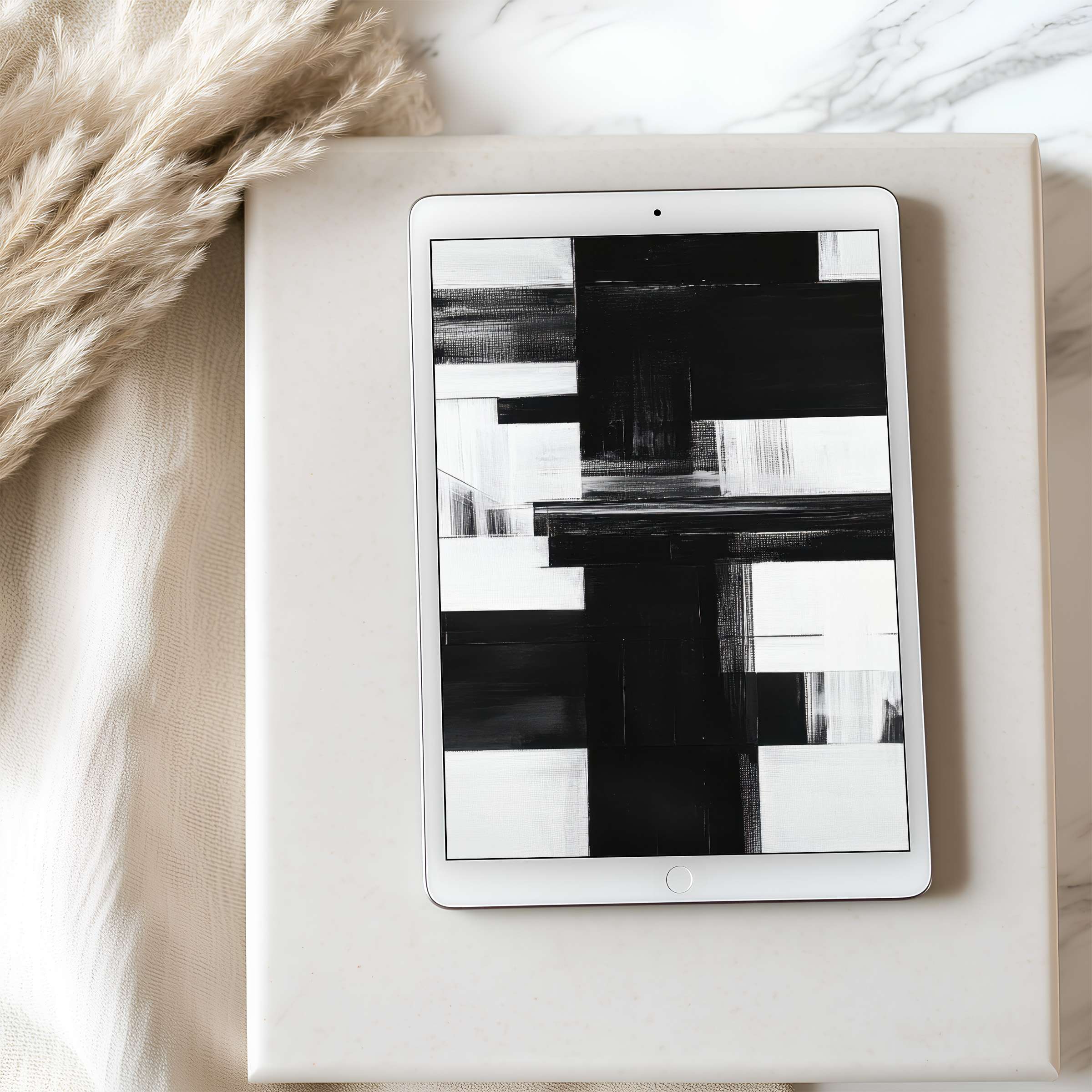 Sleek black and white abstract tablet wallpaper, perfect for iPad or Android, offering a calm, high-resolution digital download experience