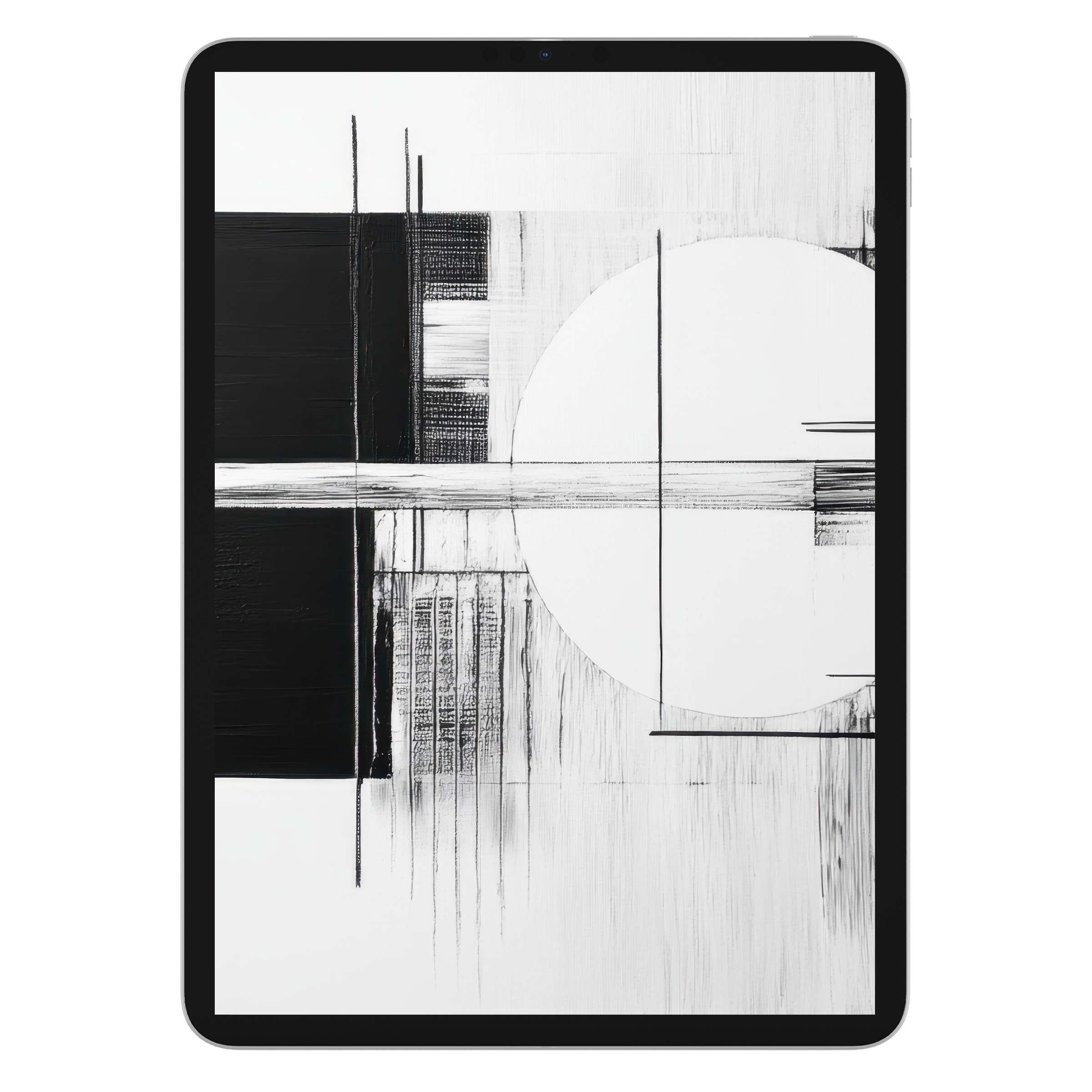 Black and white modern iPad wallpaper featuring abstract geometric lines and textures for a digital download tablet background aesthetic