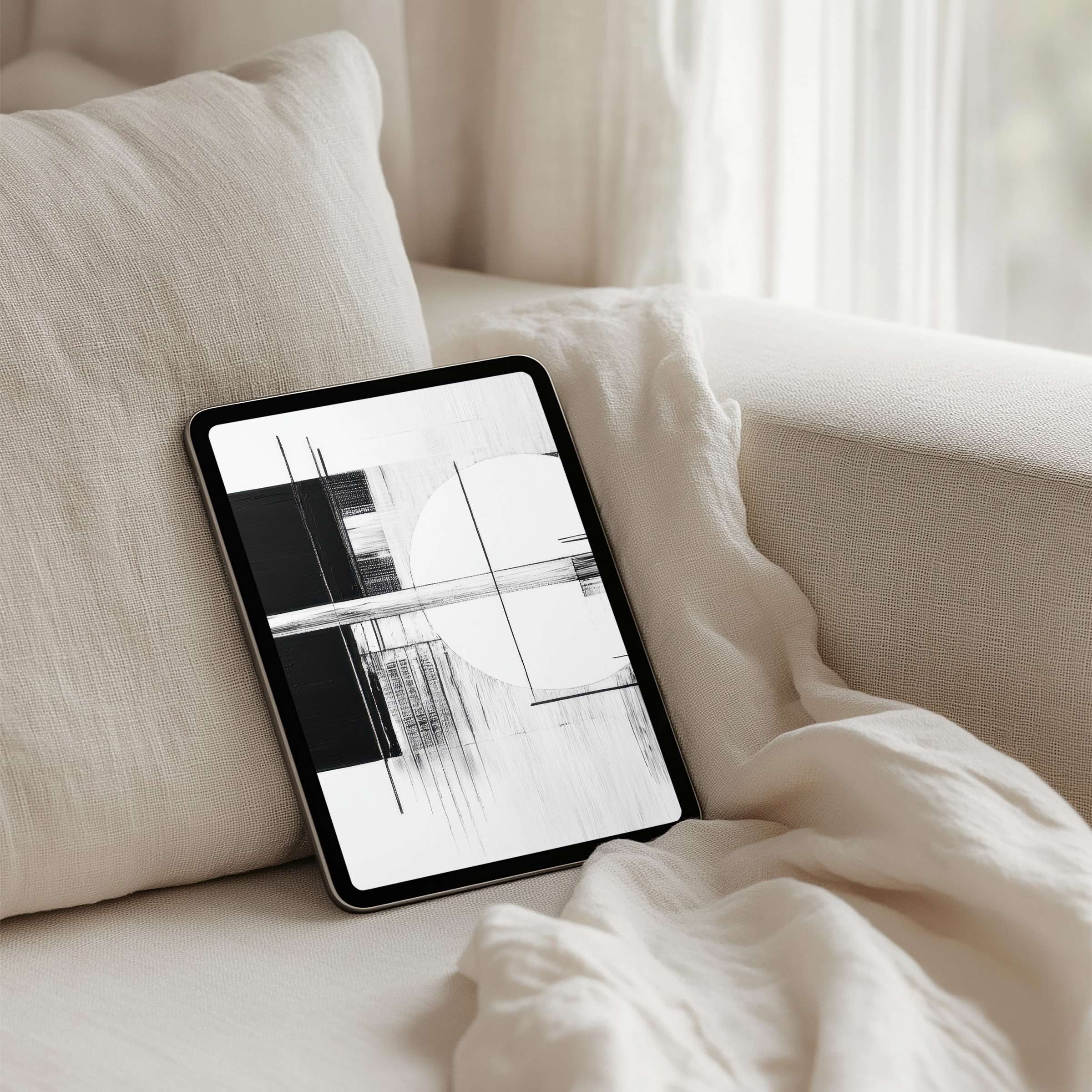 Elegant monochrome abstract art iPad background for instant download enhances calm, inspiration for tablet users seeking mindful design