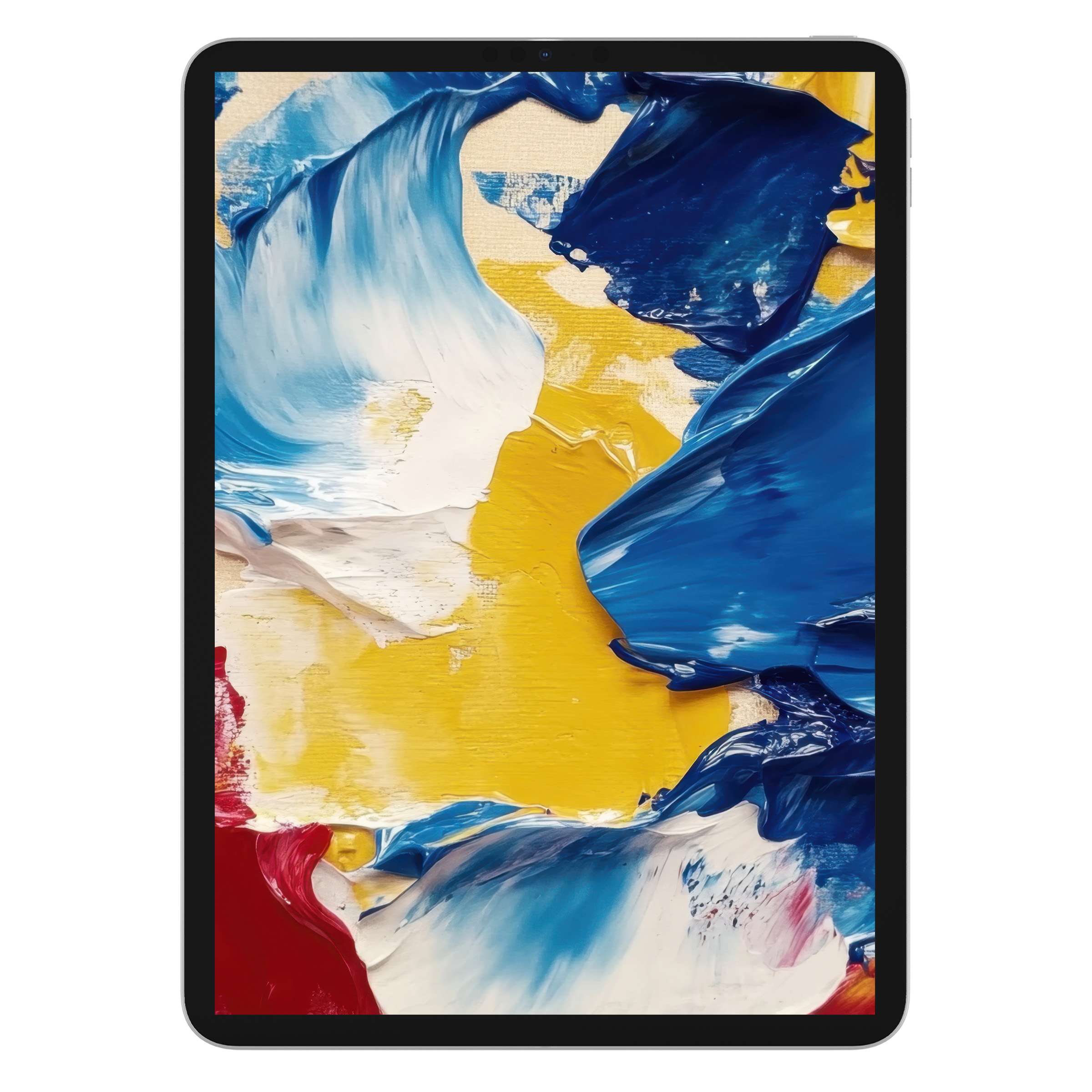 Vibrant modern iPad wallpaper featuring bold blue, yellow, and red abstract brushstrokes perfect for tablet background digital download