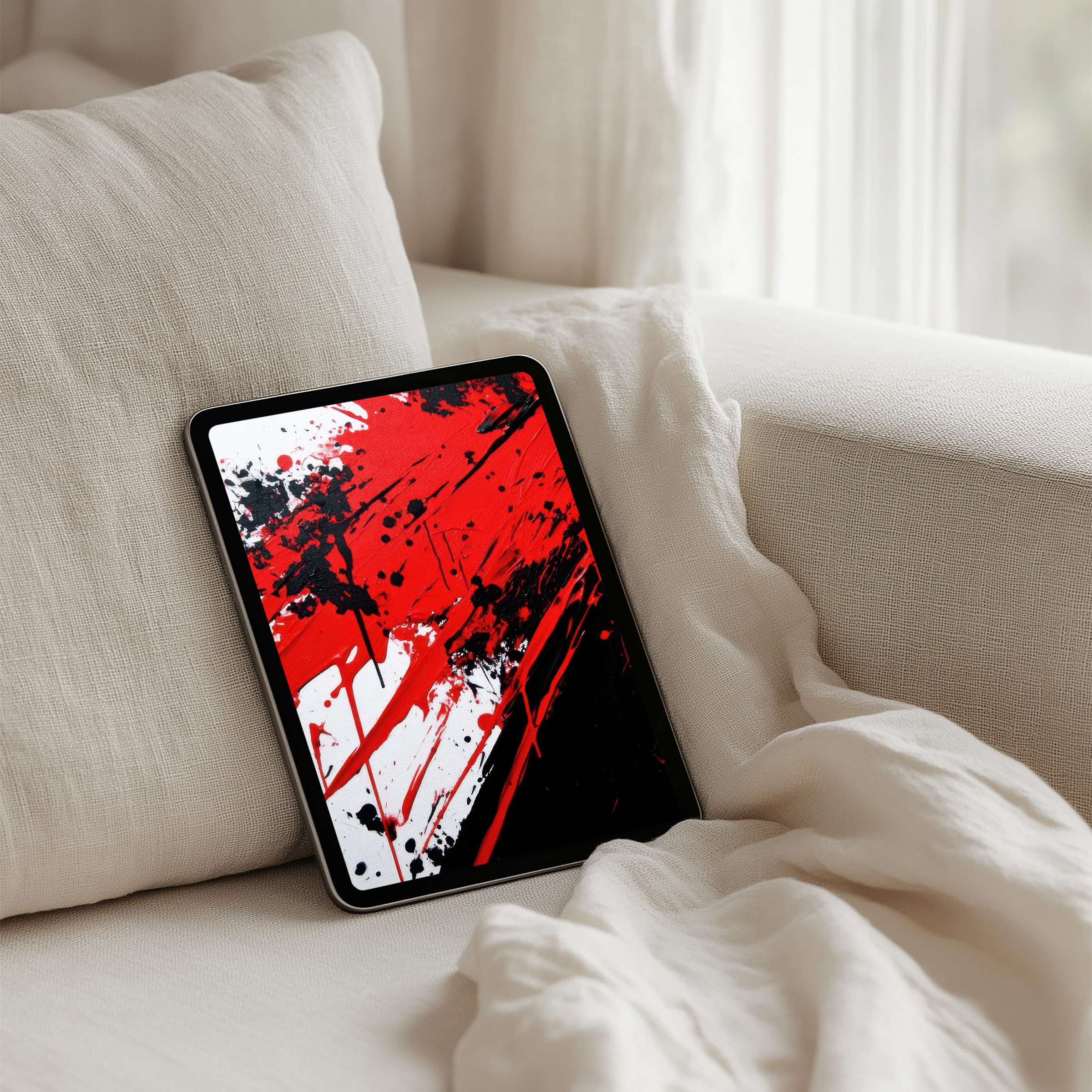 Bold abstract iPad background in red and black offers instant download for tablet users seeking elegance, calm, and inspiration