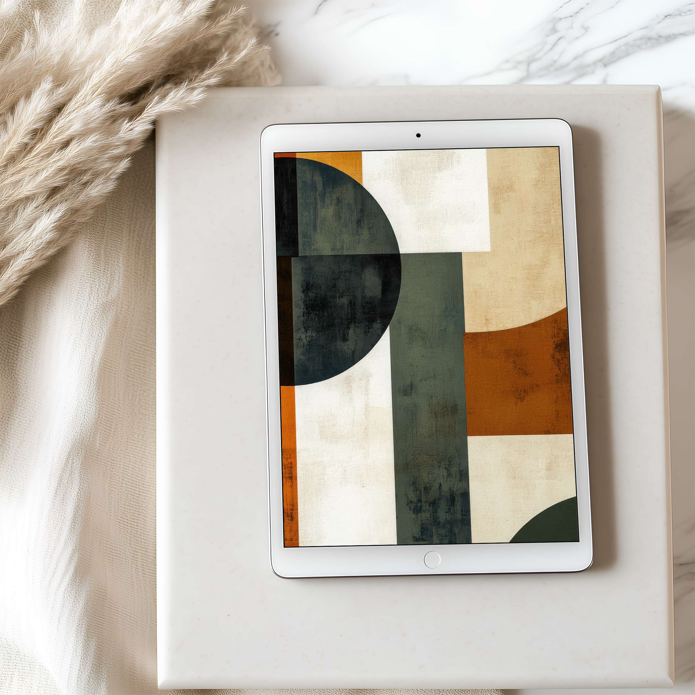 Elegant tablet wallpaper featuring geometric art in earthy tones displayed on iPad, ideal for high-resolution digital downloads