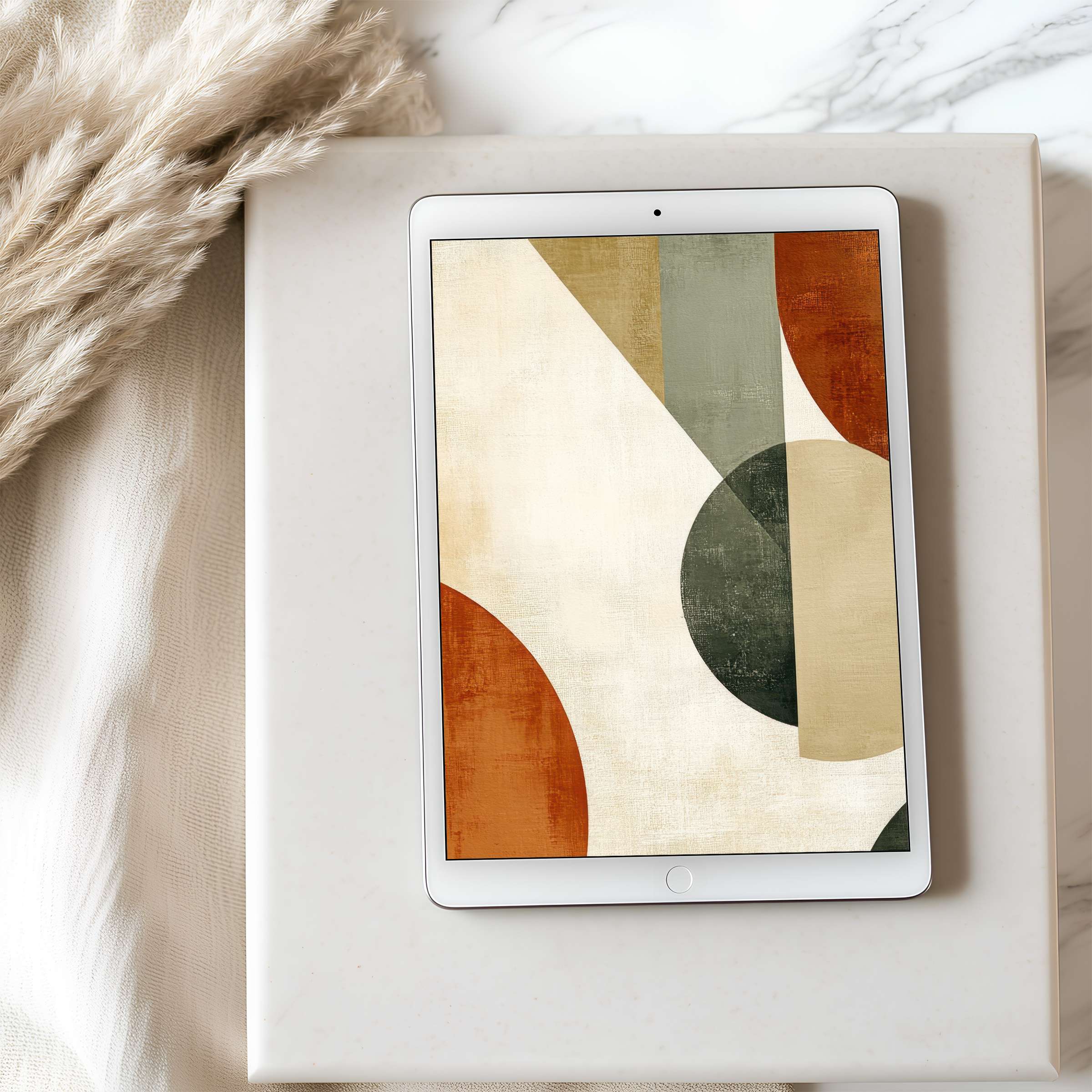 Elegant abstract tablet wallpaper with earthy tones and geometric motif enhances calm interiors suitable for iPad and Android downloads