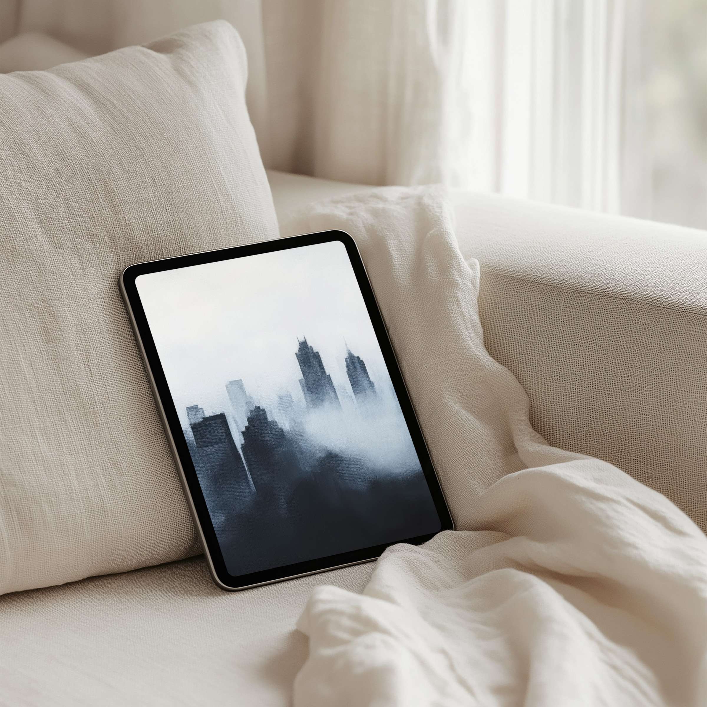 Elegant iPad background with misty cityscape evokes calm and inspiration perfect for a tablet instant download enhancing mindfulness