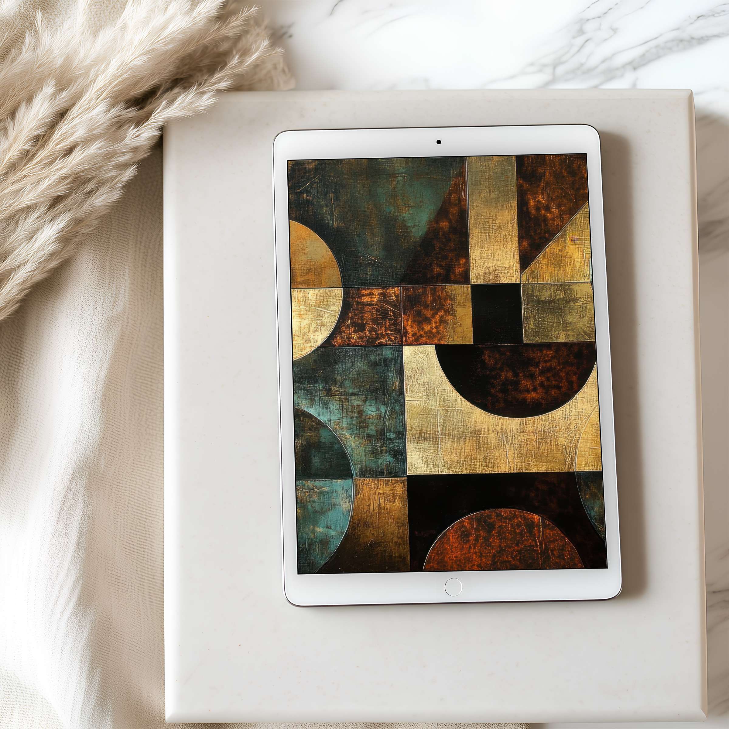 Abstract geometric tablet wallpaper in rich earth tones graces an elegant interior, suitable for high-resolution iPad, Android download