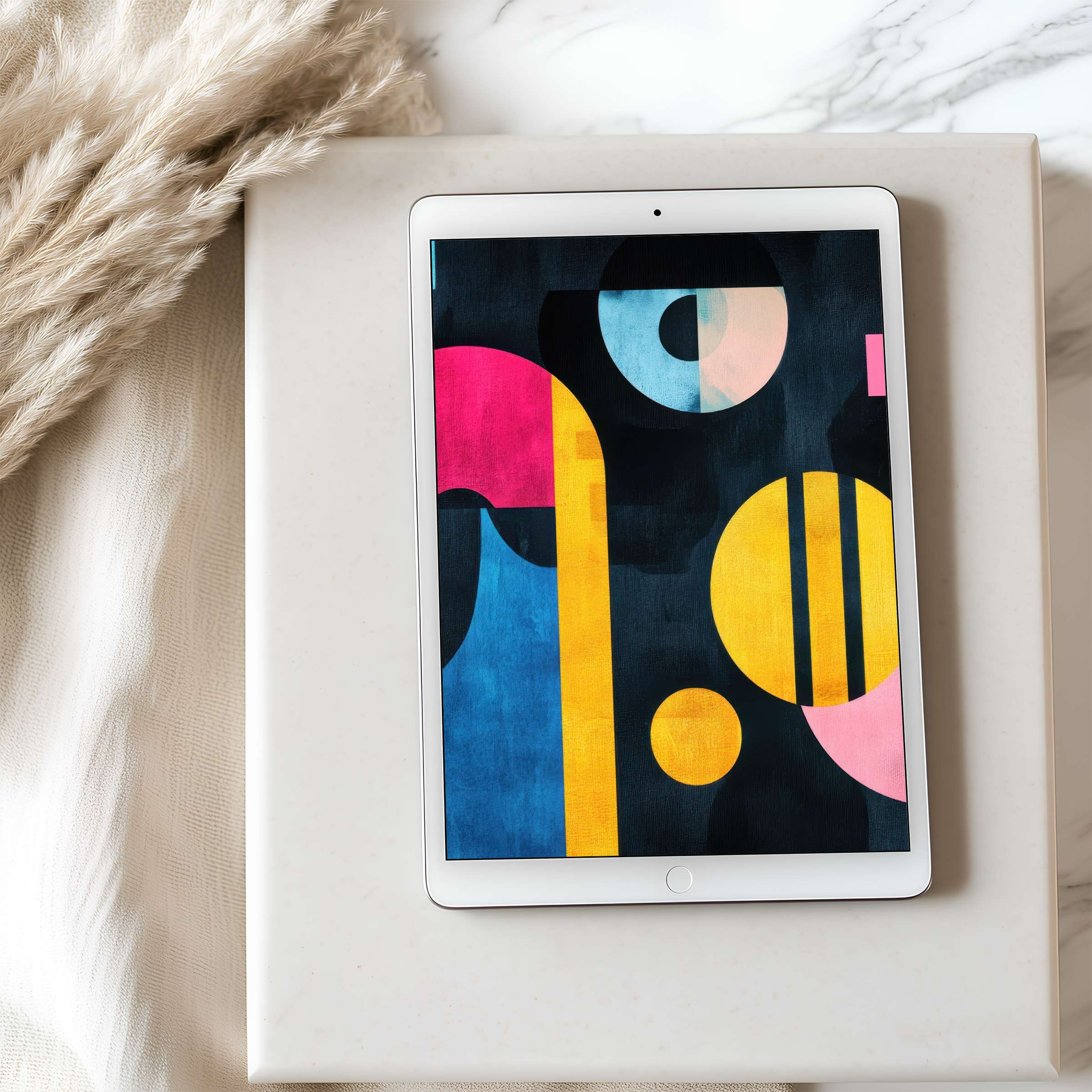 Elegant abstract design with bold geometric shapes and vibrant colors, perfect as high-resolution tablet wallpaper for serene spaces
