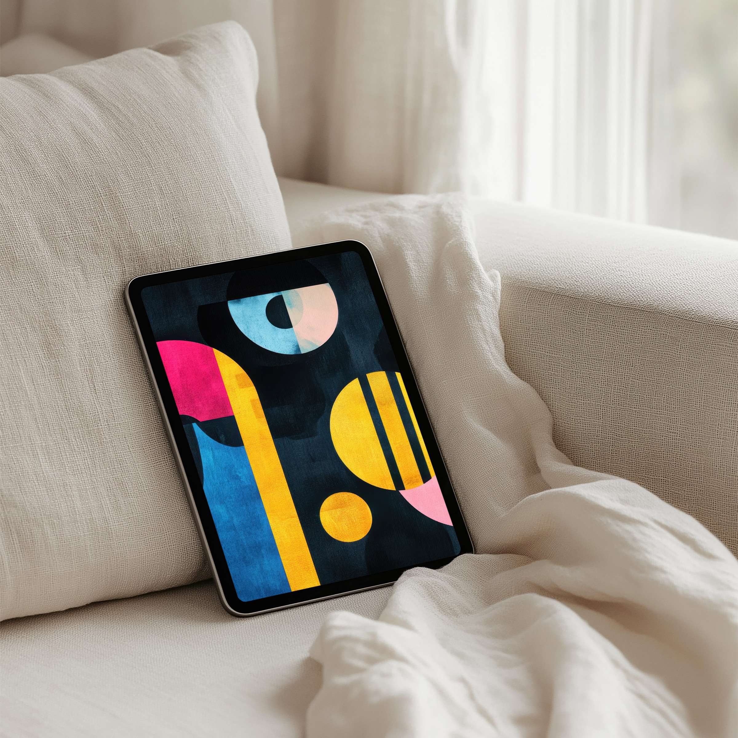Elegant abstract design with vibrant shapes on iPad background offers instant download for all tablets inspiring calm and creativity
