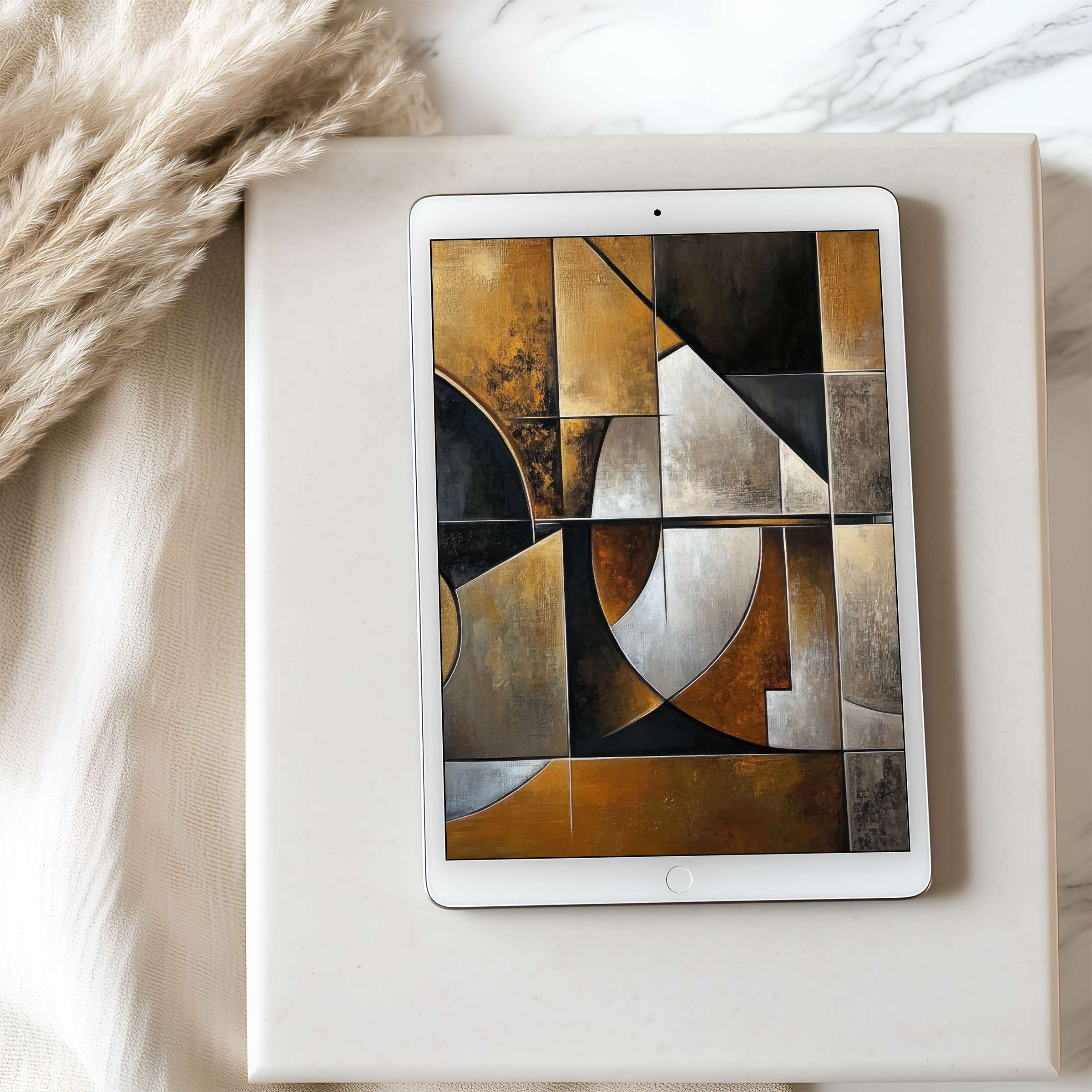 Abstract geometric tablet wallpaper in warm earth tones offers a curated high-resolution digital download perfect for iPad and Android devices