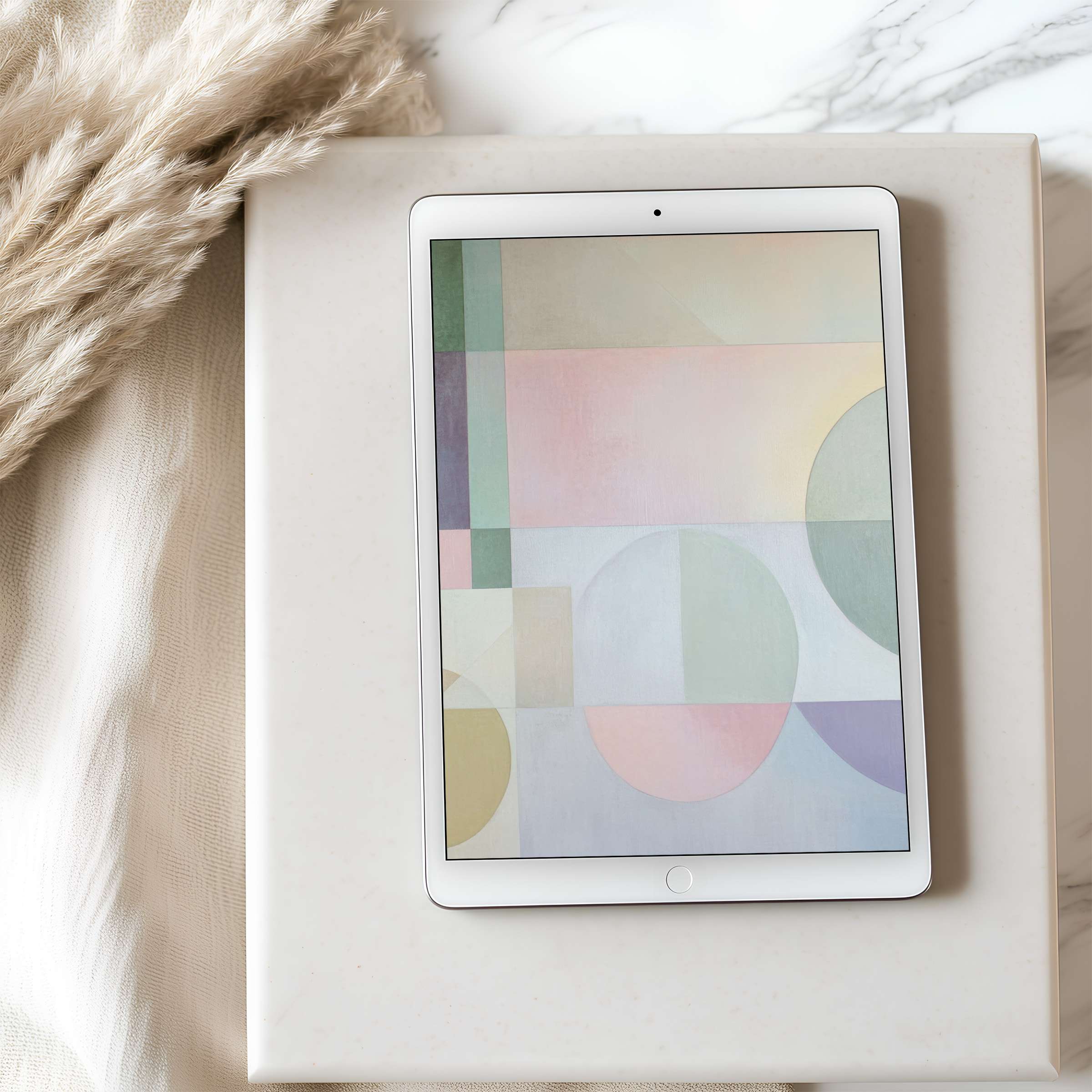 Elegant abstract pastel tablet wallpaper on iPad enhances serene spaces with its calming geometric design perfect for digital download