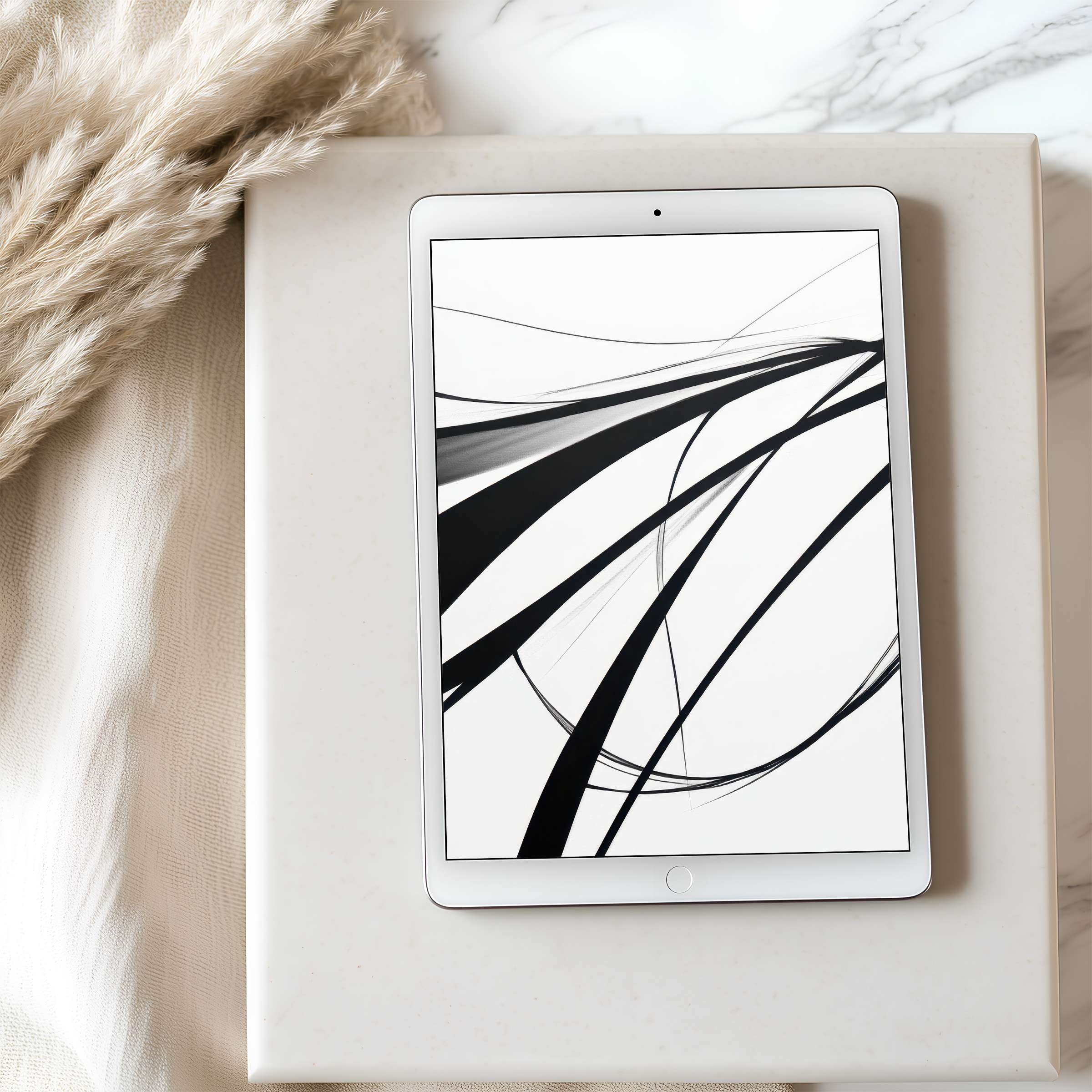 Elegant black and white abstract art for tablet wallpaper complements modern interiors, perfect for iPad and Android, digital download