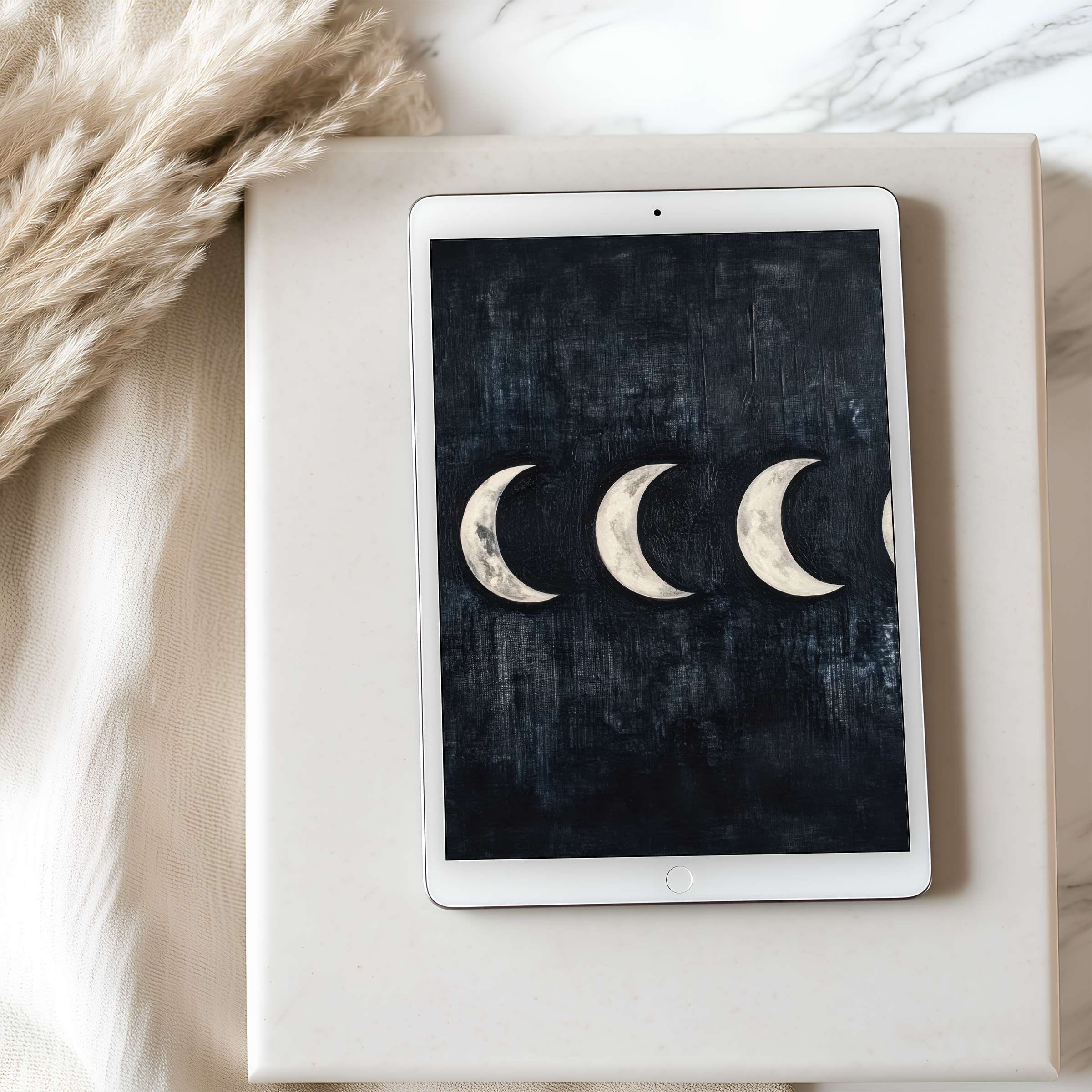 Elegant moon phase art on tablet wallpaper inspires tranquility, perfect for iPad High resolution digital download for modern interiors