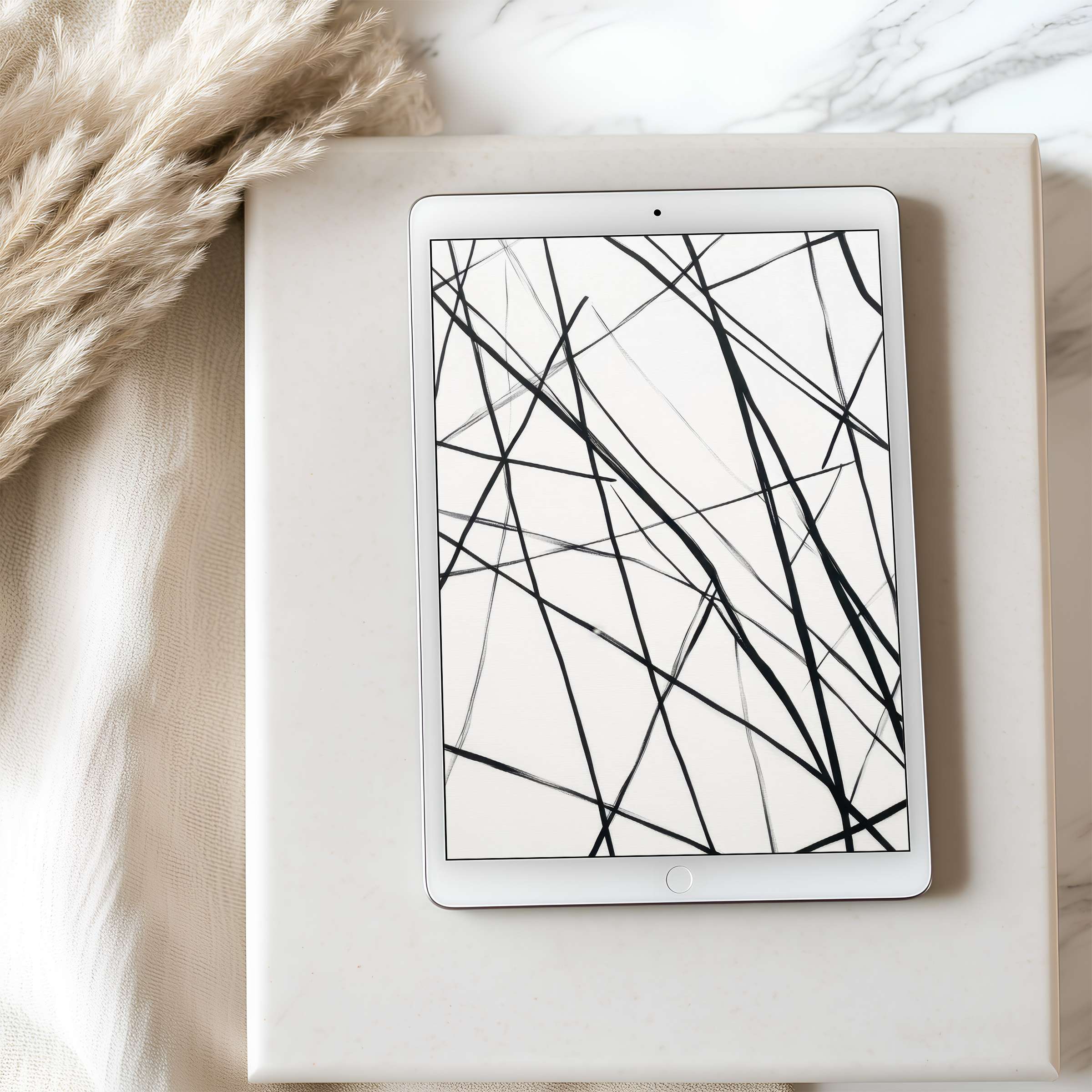 Minimalist black and white lines on a high resolution tablet wallpaper provide calm elegance for iPad and Android digital download