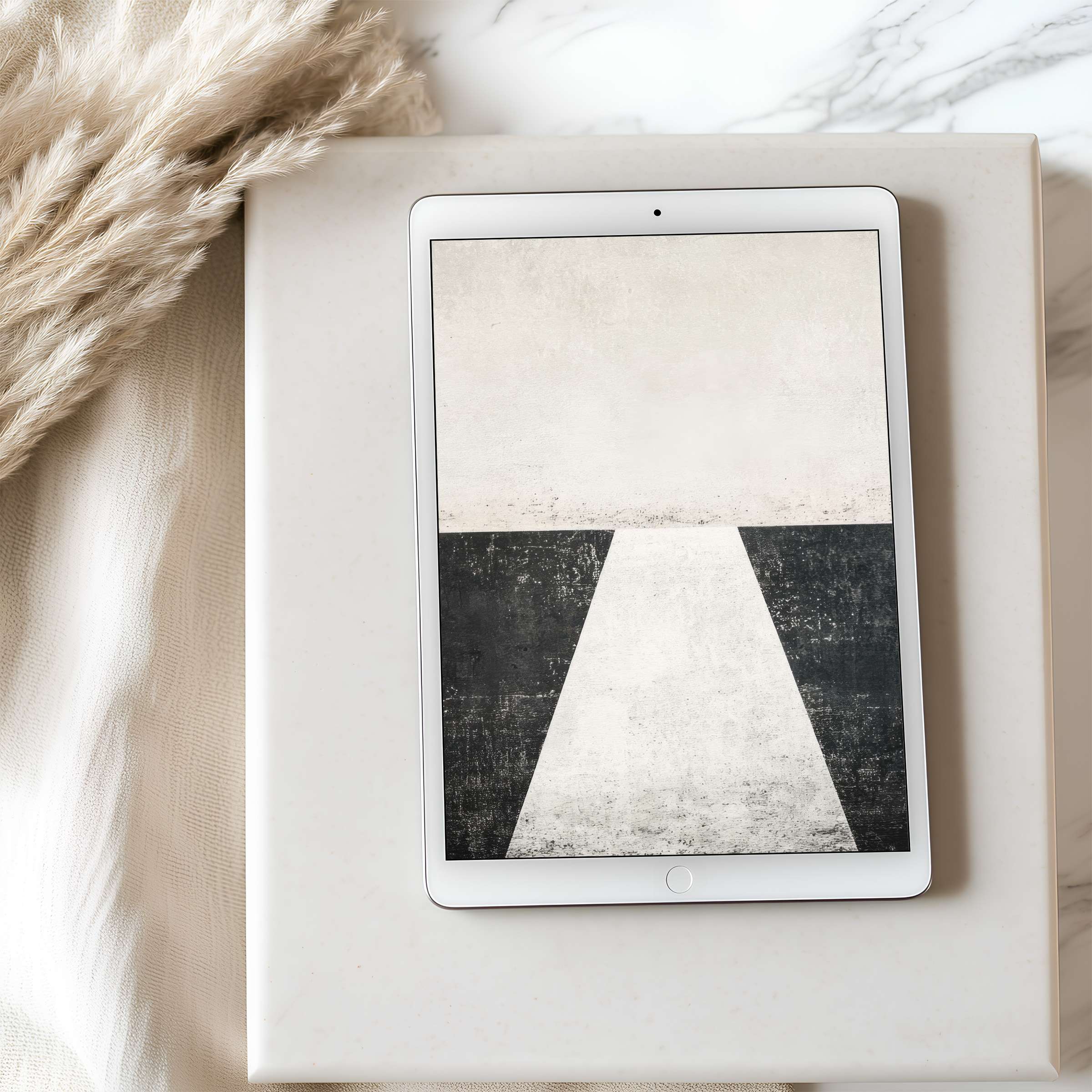 Elegant abstract black and white artwork on a tablet wallpaper enhances modern decor offering a calming, high-resolution digital download