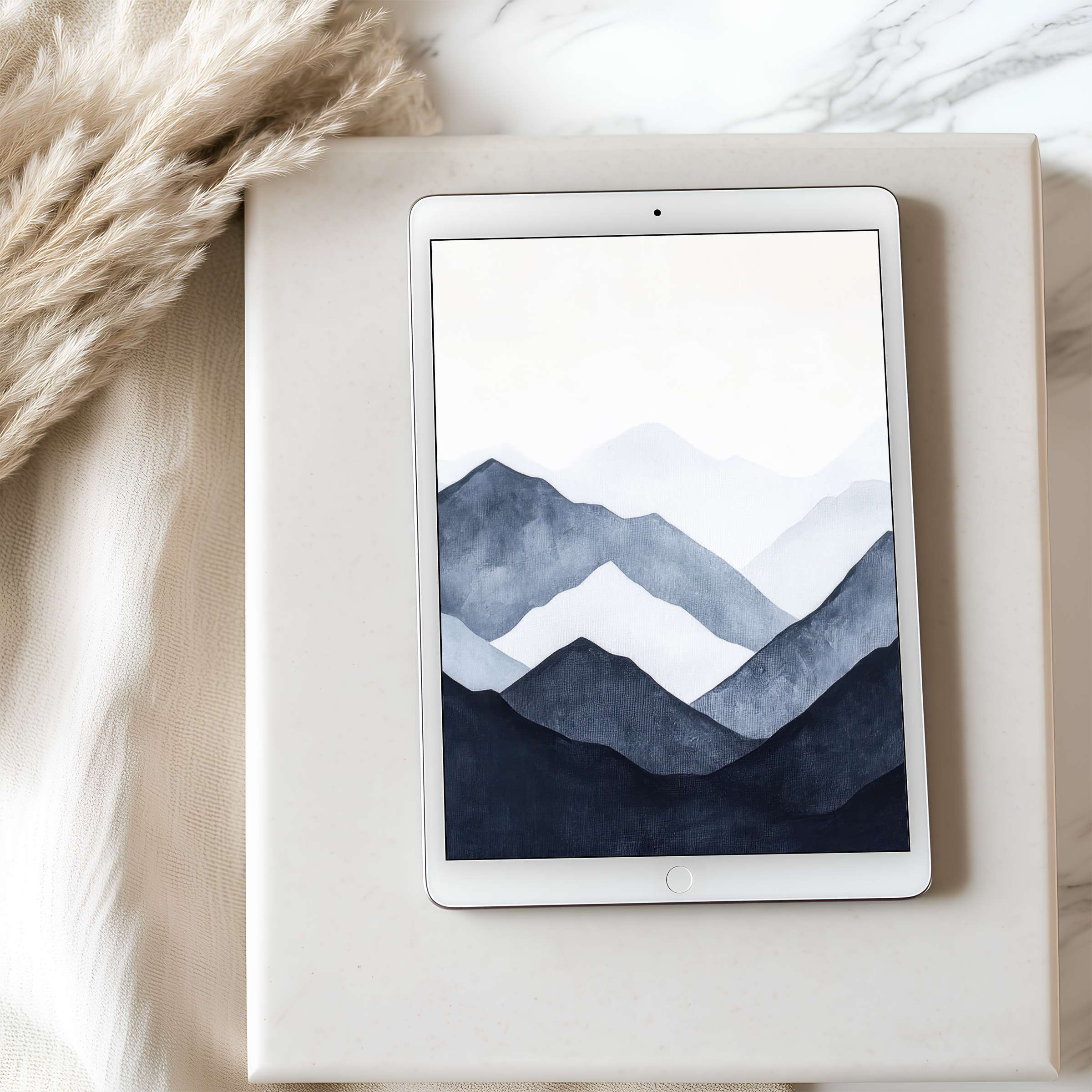 Elegant mountain motif tablet wallpaper in calming blue tones enhances interior style, perfect for high-resolution iPad and Android