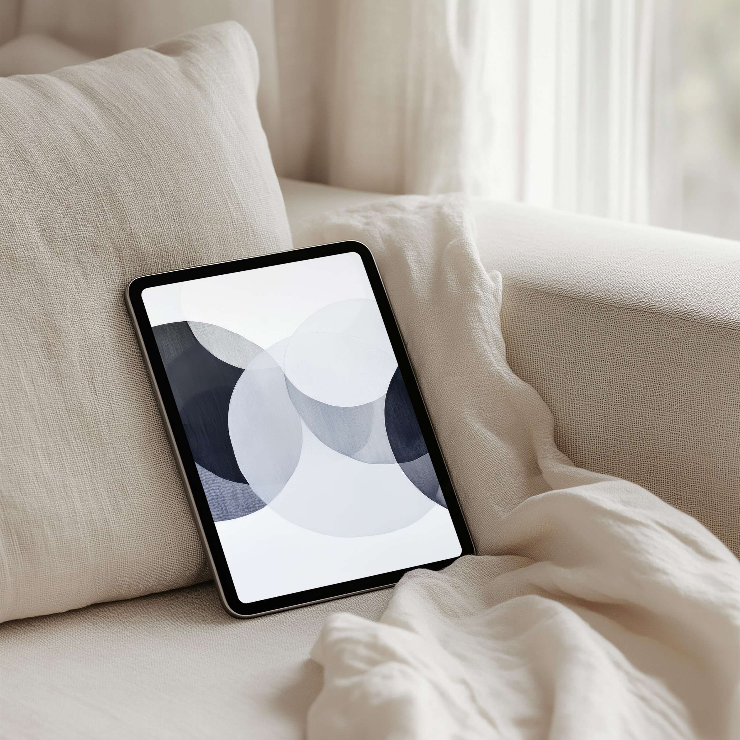 Elegant iPad background with soft monochrome circles evokes calm on a cozy couch perfect for instant download to any tablet