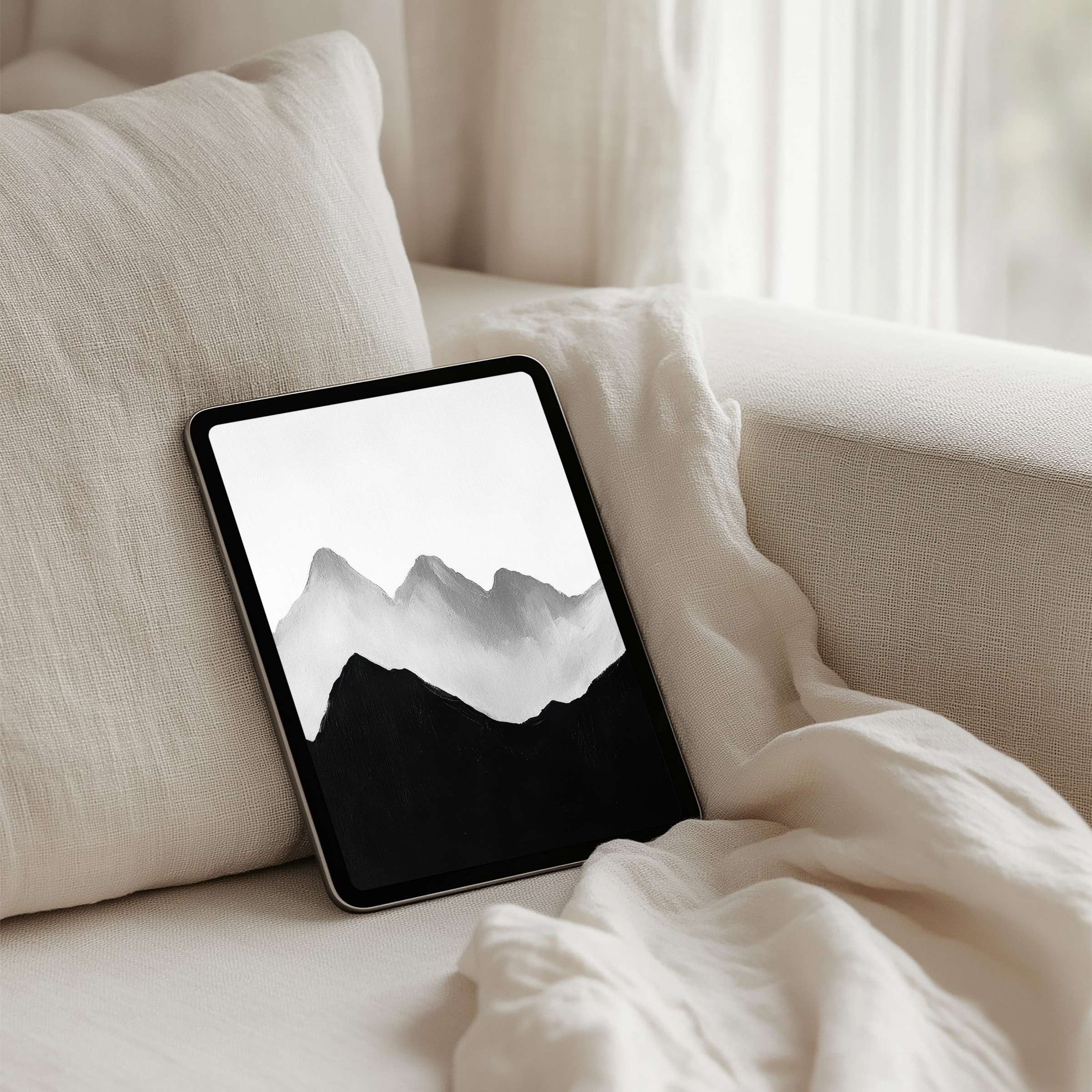 Elegant mountain art iPad background for instant download brings calm and inspiration to your tablet experience in serene interiors