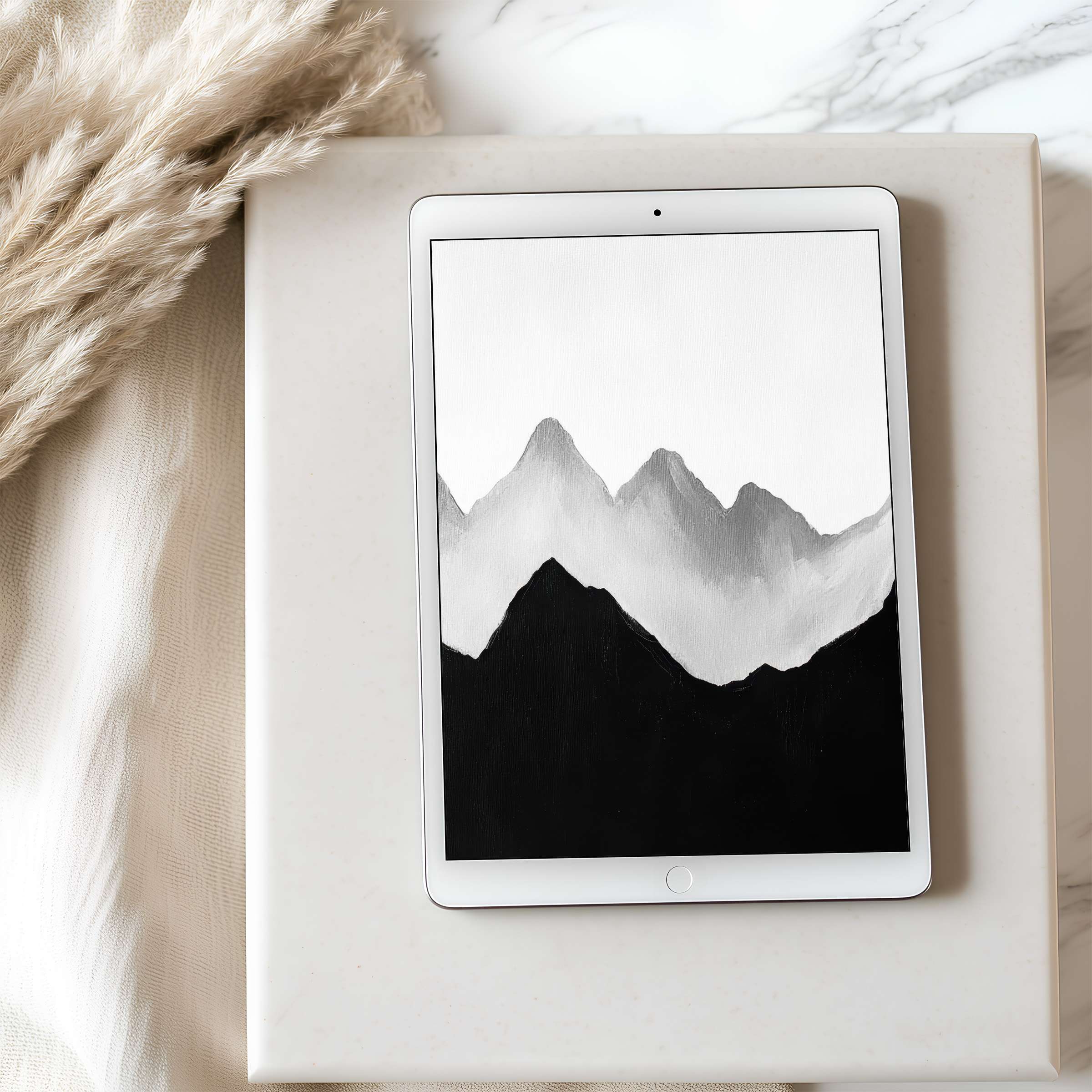 Graceful black and white mountain landscape tablet wallpaper beautifully enhances any iPad with serene elegance perfect for digital download