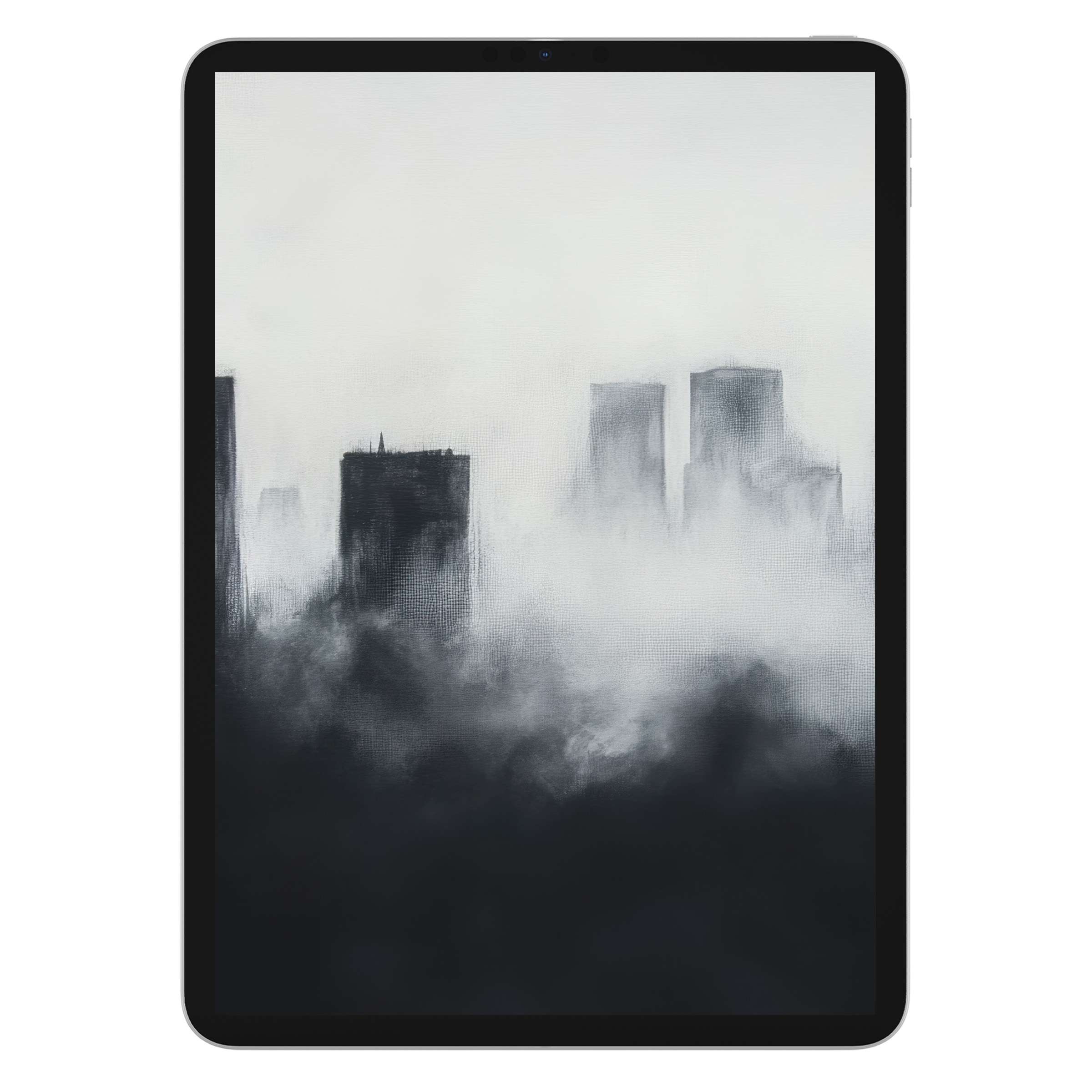 Modern iPad wallpaper with a serene foggy cityscape, ideal tablet background for a digital download in grayscale watercolor style