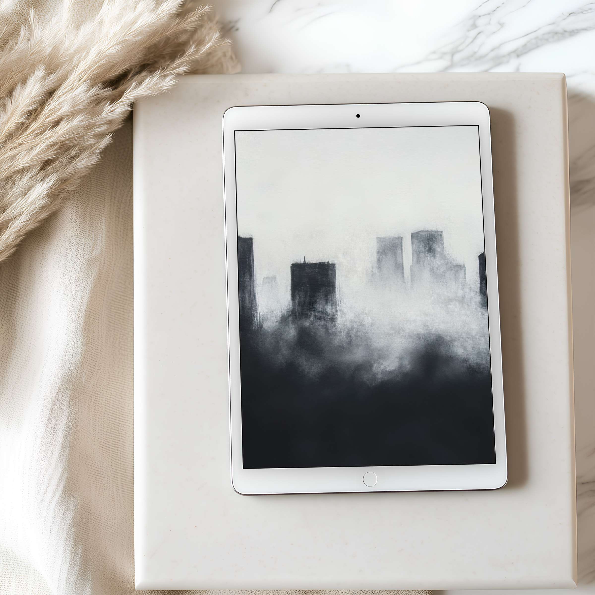 Calming black and white cityscape tablet wallpaper in high resolution, perfect for iPad and Android, inspires serene, sustainable design