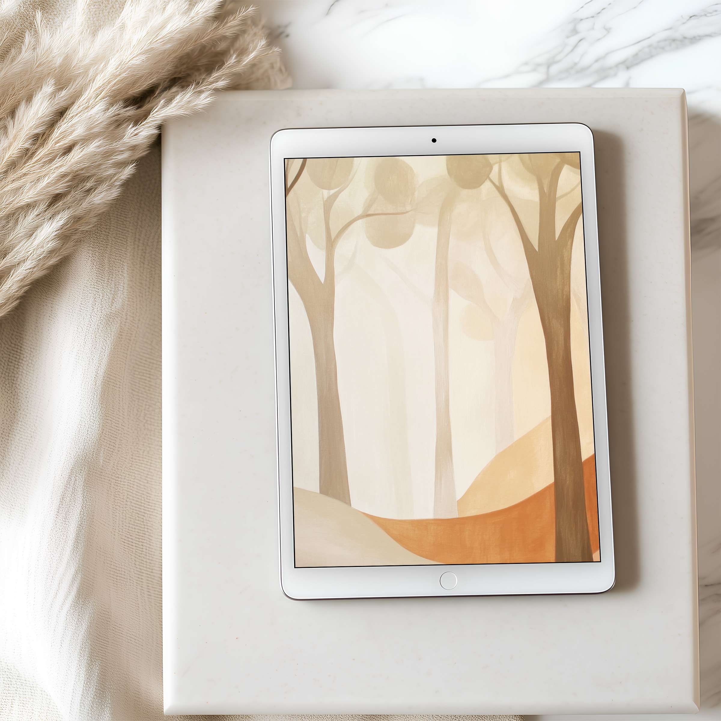 Elegant forest-themed tablet wallpaper in soothing earthy tones offers high-resolution digital download for iPad and Android tablets