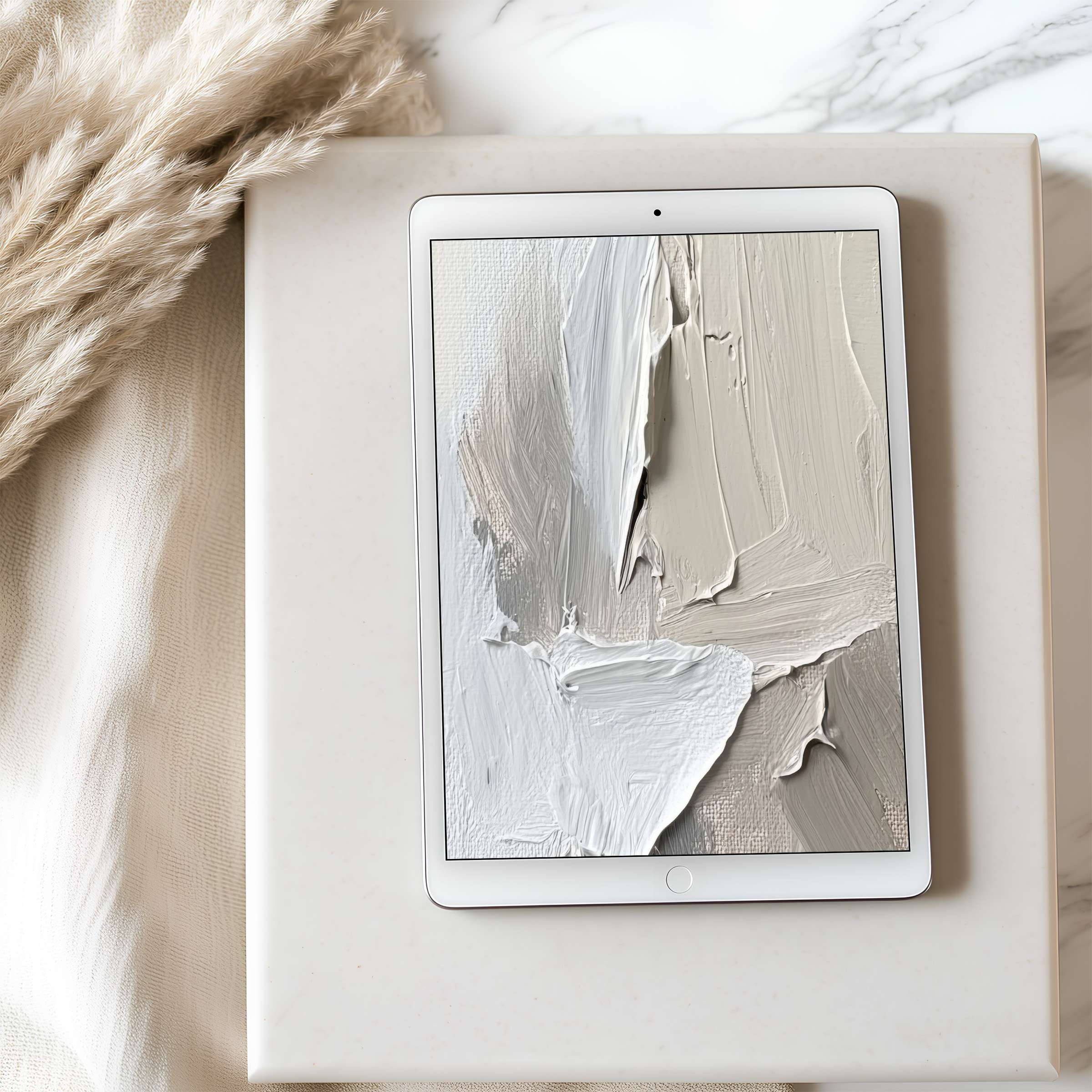 Elegant abstract tablet wallpaper in calming beige and cream brushstrokes, perfect for high-resolution iPad or Android download