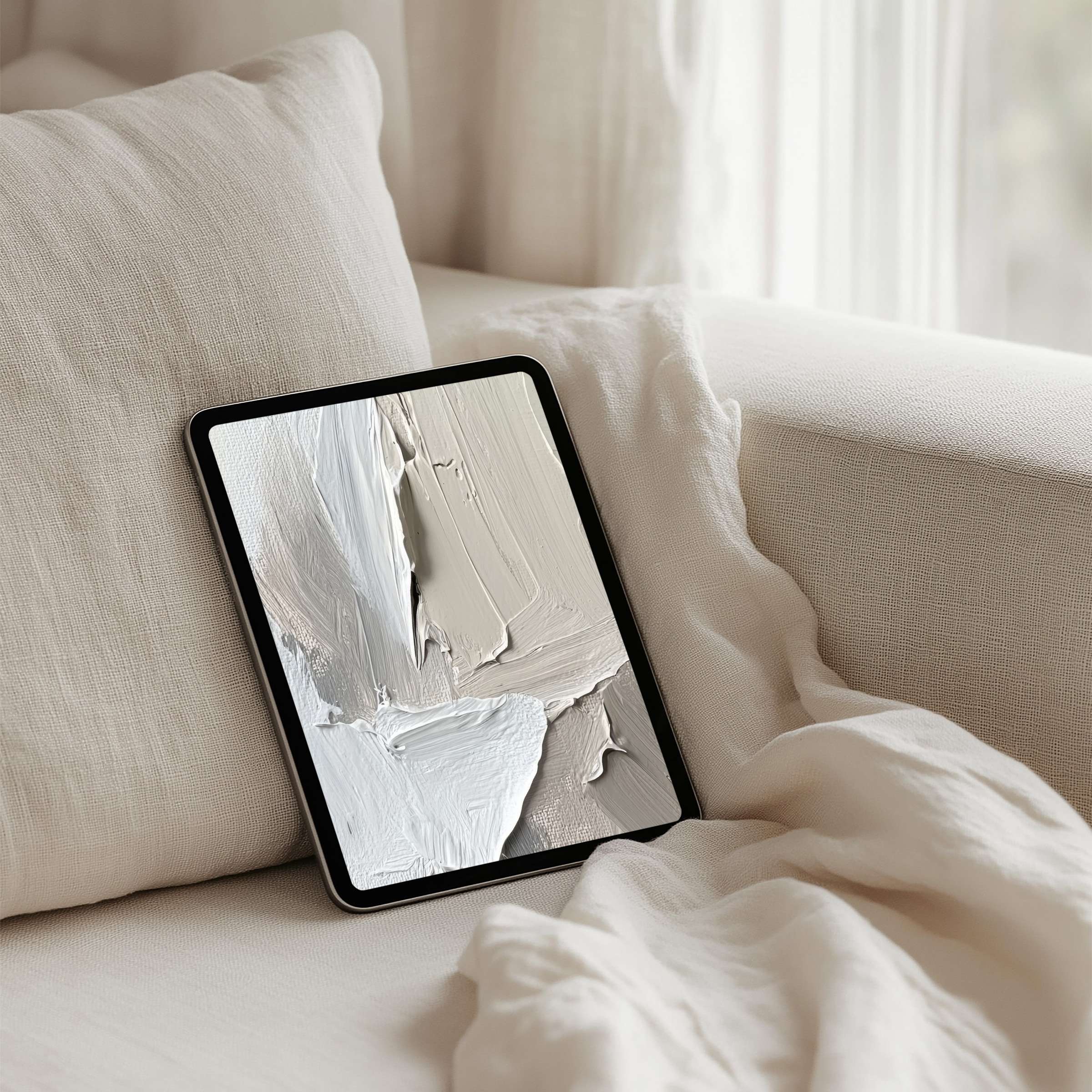 Elegant white brushstroke iPad background, perfect for tablets like Samsung or Android, offers instant download for mindful inspiration