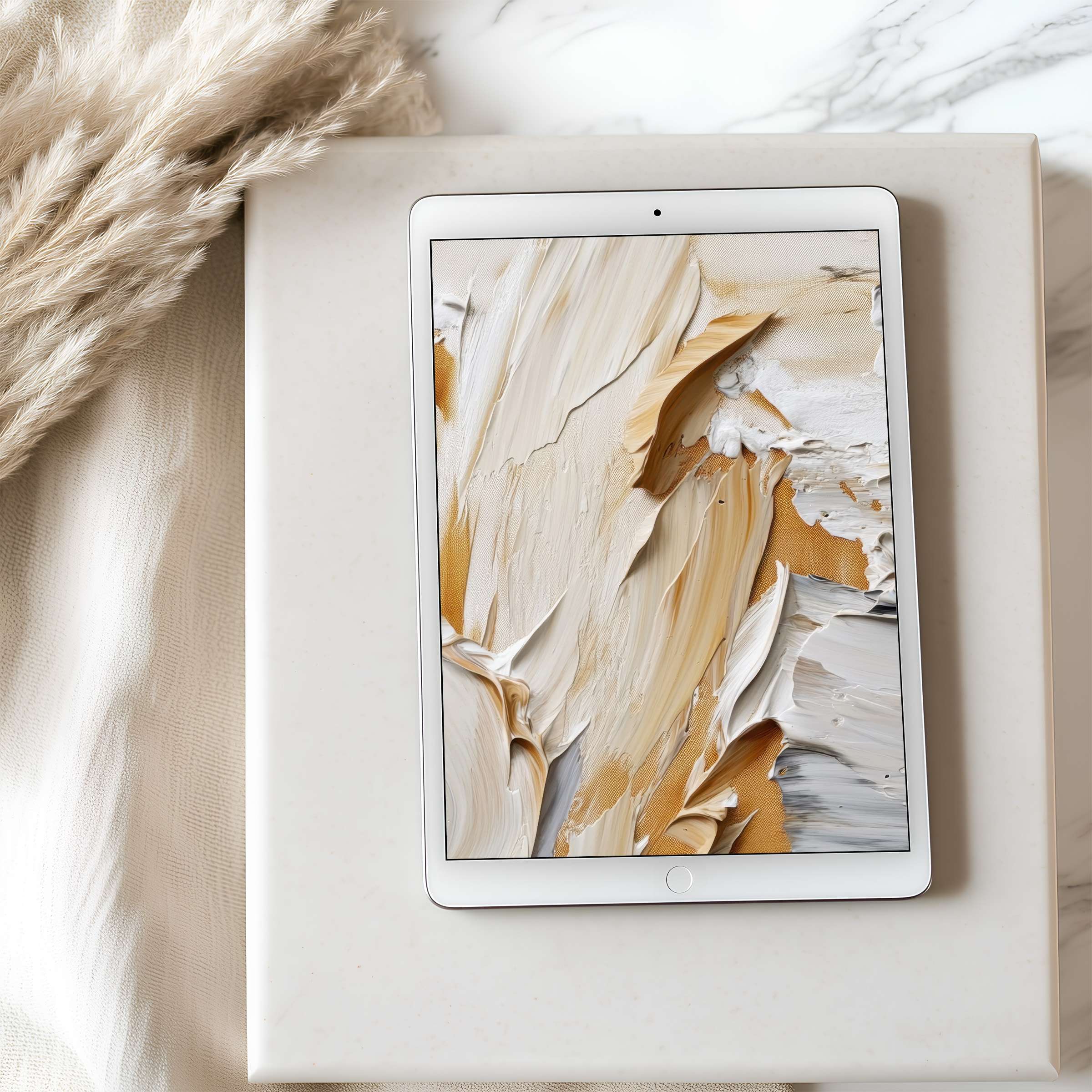 Elegant abstract beige and white textured tablet wallpaper for iPad and Android tablets blending with minimalist decor downloadable art