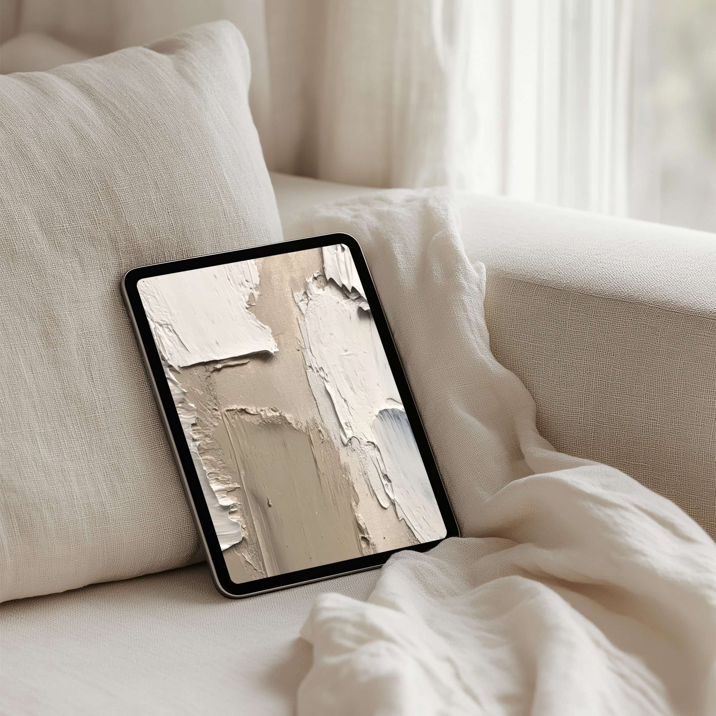 Elegant abstract iPad background with textured cream and white brushstrokes offers instant download for mindful tablet aesthetics
