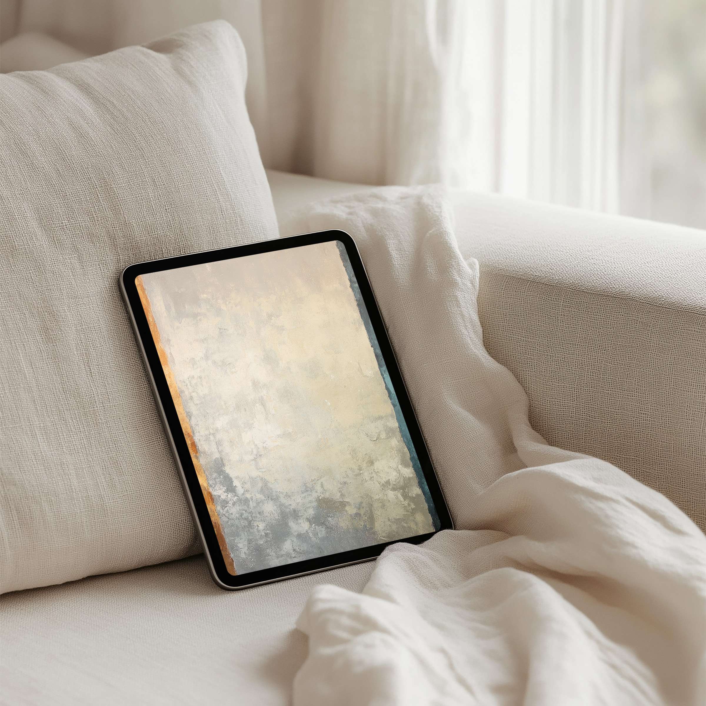 Warm abstract textures on an iPad background offer calm elegance, perfect for any tablet, instant download for inspiration