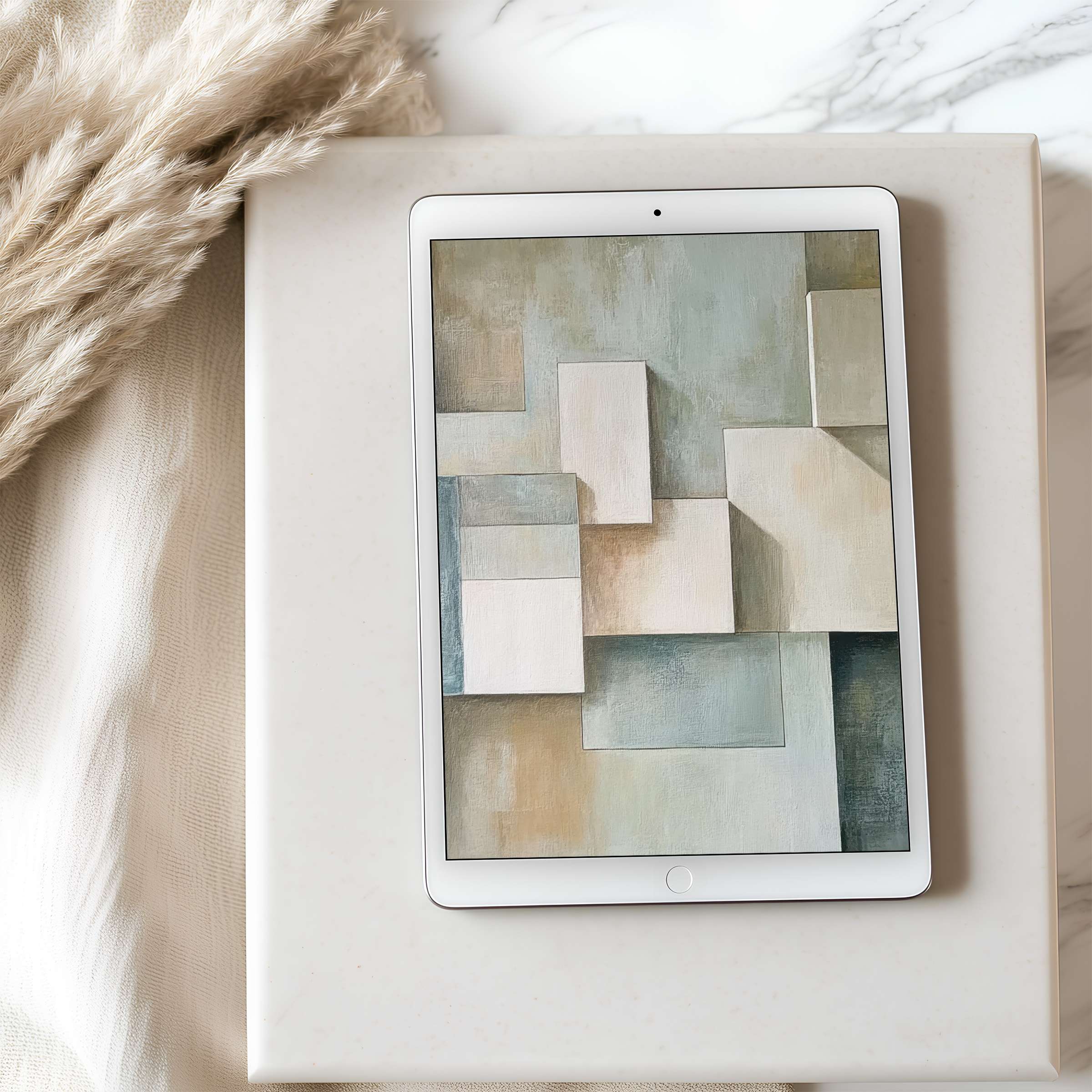 Elegant geometric abstract tablet wallpaper on iPad, featuring soothing neutral tones, perfect for a serene, high resolution digital download