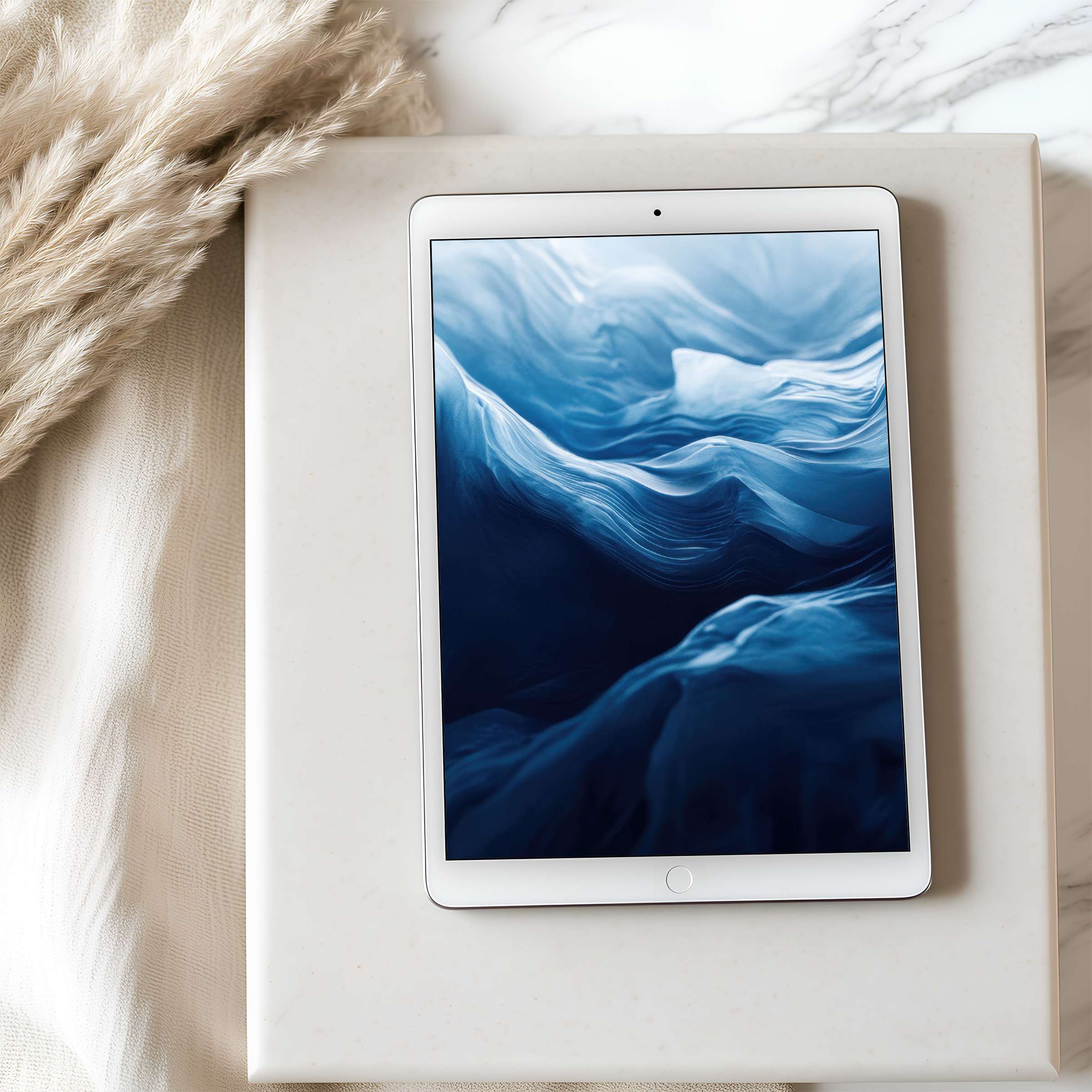 Elegant blue wave digital art tablet wallpaper, curated for iPad and Android, enhances any space with calm, high-resolution beauty