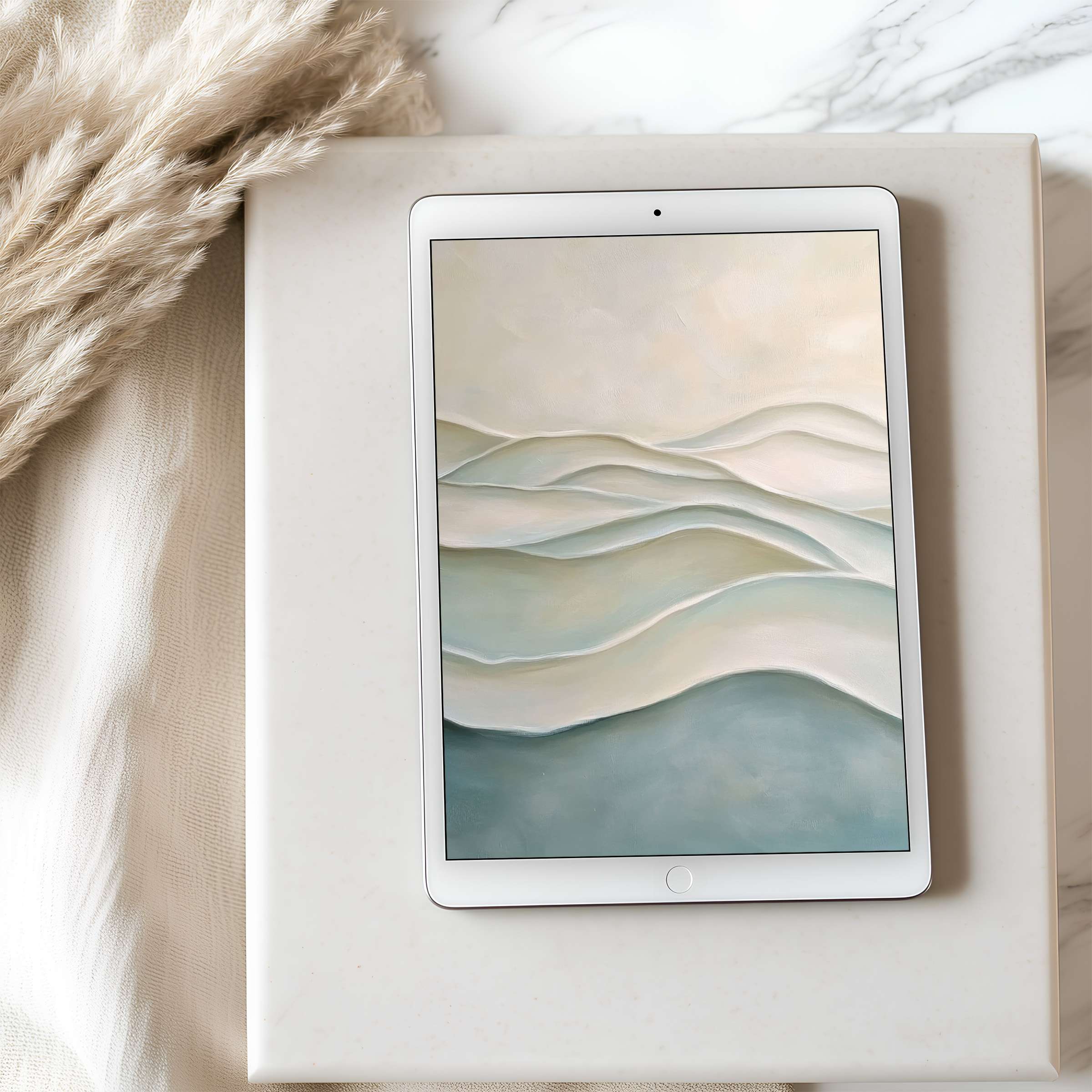 Serene abstract tablet wallpaper with pastel waves, perfect for iPad and Android tablets offering a calming digital download for design lovers